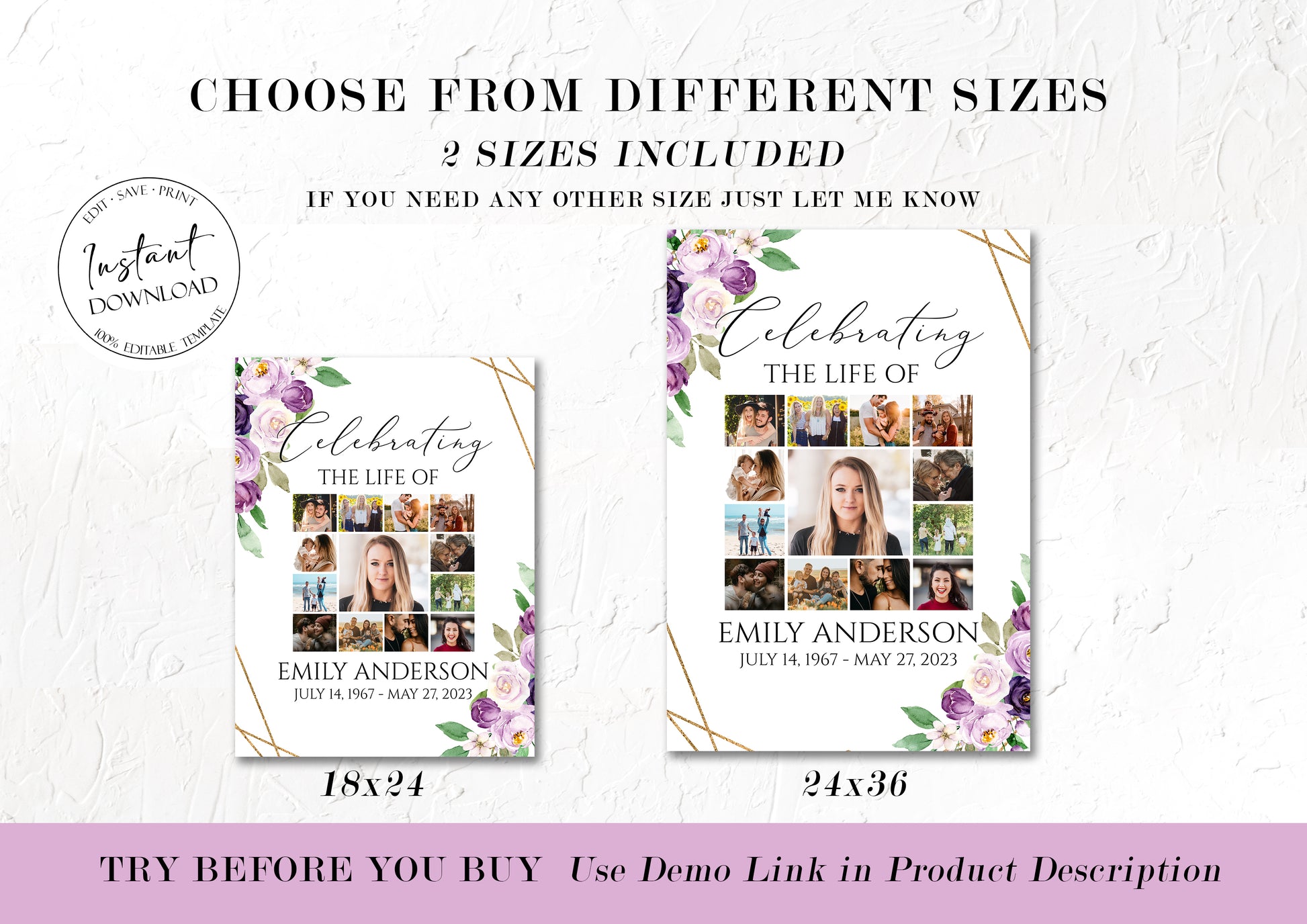 Celebration Of Life Purple Floral Funeral Gold Photo Collage Funeral Welcome Sign Templates, Photo Memorial Sign, Blush Pink Roses Funeral Photo Display Set P1