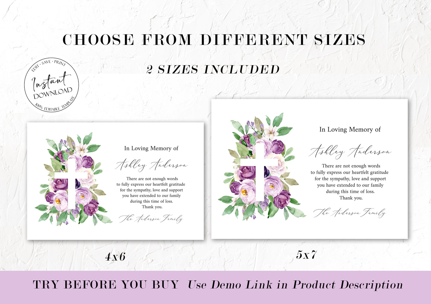 In Loving Memory of Funeral Thank You, Memorial Card, Printable Purple Cross Funeral Thank You Card Template, Editable Sympathy Card, P1