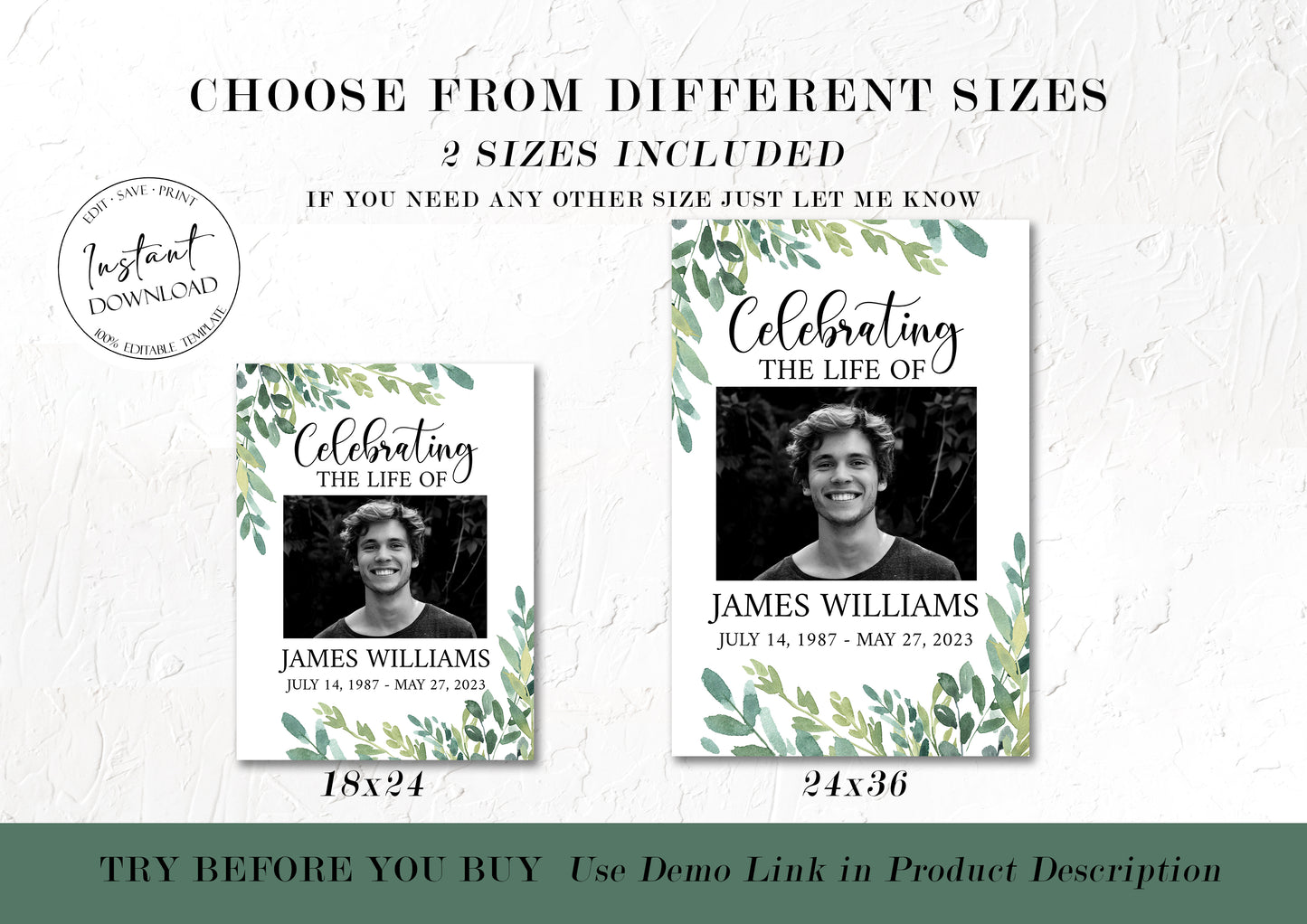Celebration Of Life Watercolor Greenery Funeral Poster, Editable 5 Photo Collage Funeral Welcome Signs, Greenery Memorial Sign Funeral Poster Photo Display Set of 5