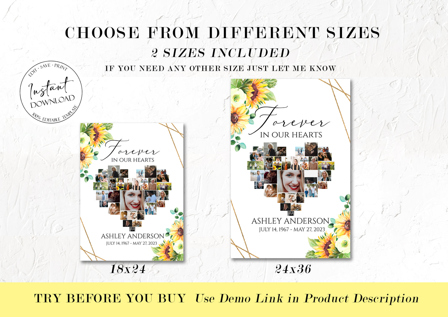 Forever in our Hearts Sunflower Gold Heart Photo Collage 5 Funeral Welcome Sign Templates, Sunflower Heart Photo Collage 5 Funeral Welcome Poster Templates