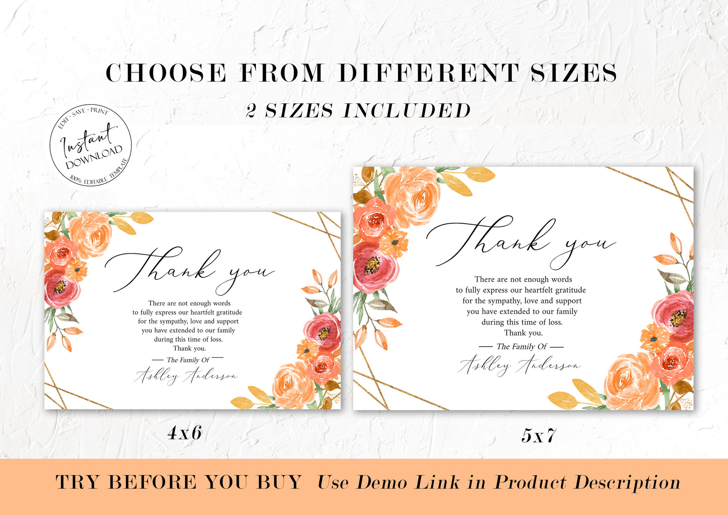Celebration of life Orange Floral Gold Fall Funeral Thank you Card Template, Printable Memorial Thank You Card, Autumn Memorial Sympathy Thank you Cards