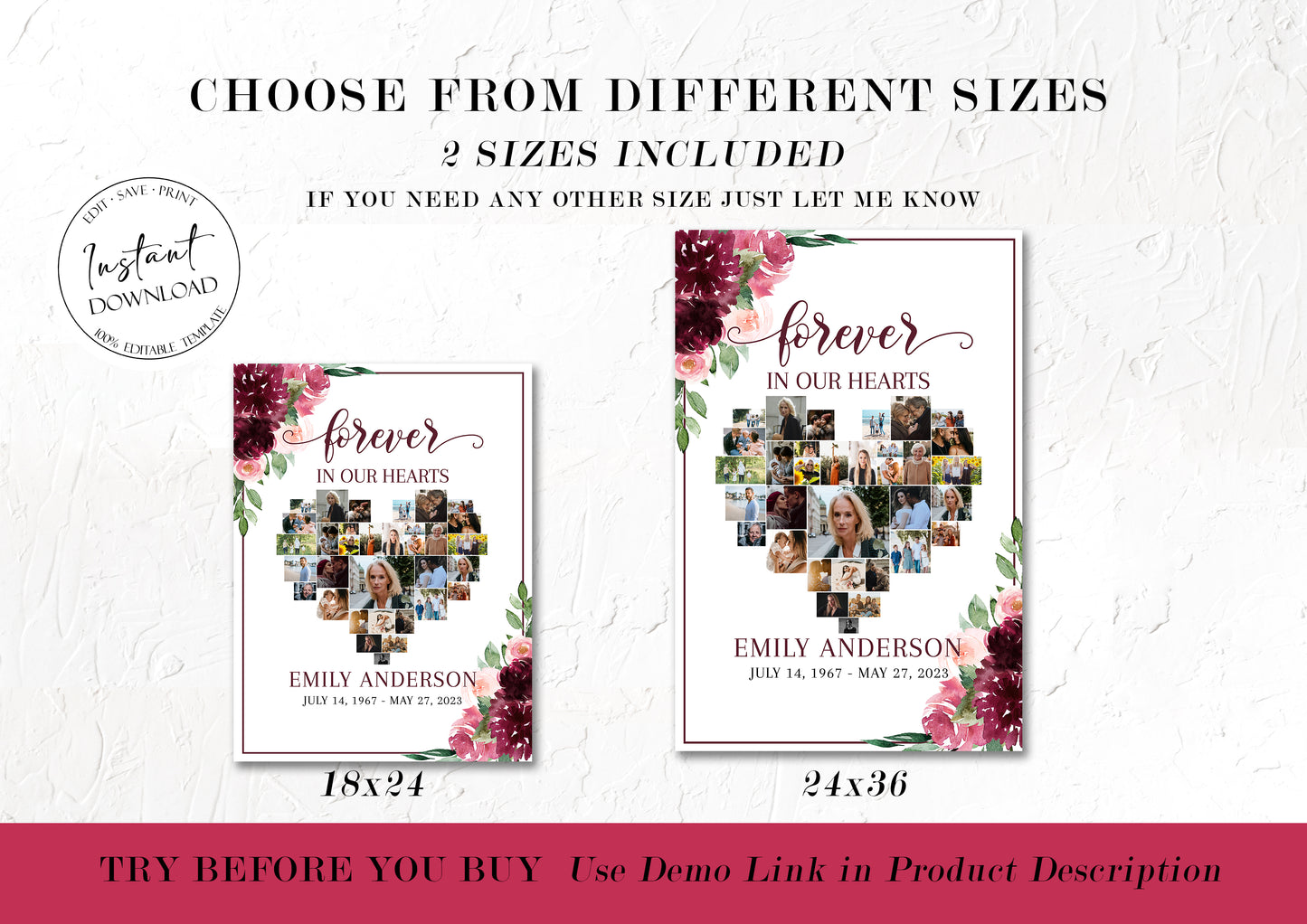 Forever in our Hearts Burgundy Red Roses Heart Funeral Welcome Sign Templates Burgundy Red Roses Forever in our Hearts Memorial Photo Display Set R3