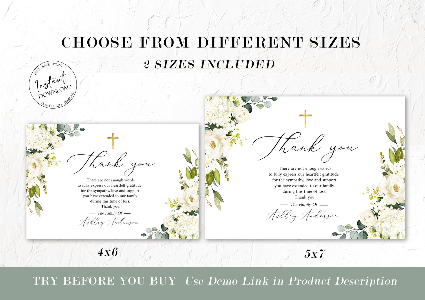 Celebration of life White Greenery Floral Gold Cross Photo Funeral Thank you Card Template, Printable Memorial Thank You Cards Sympathy Thank you Cards