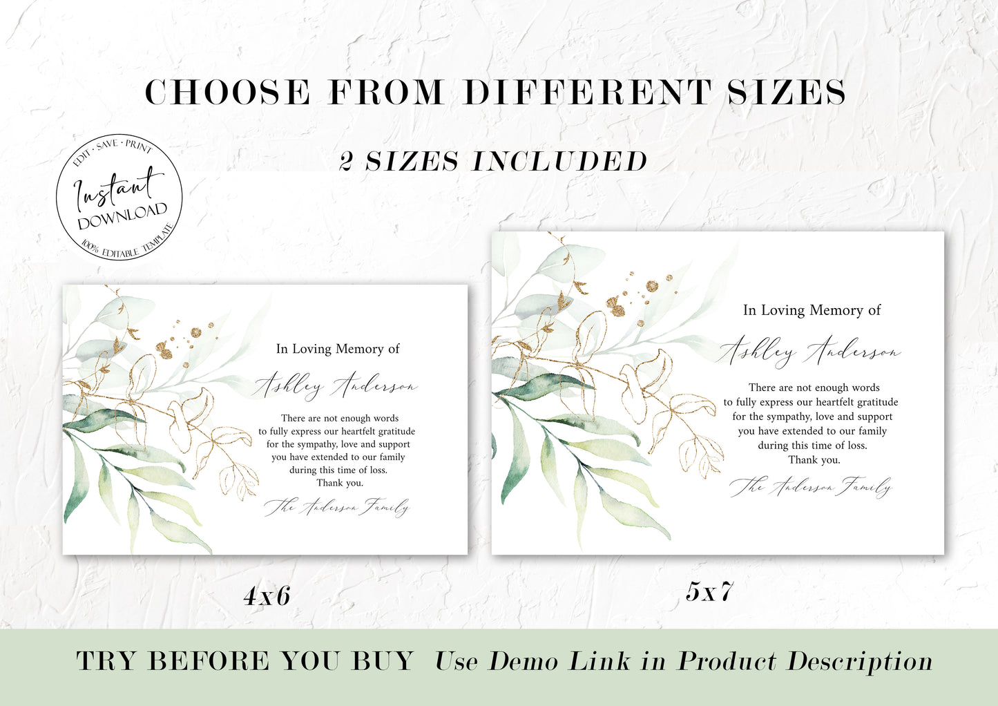In Loving Memory Watercolor Greenery Gold Funeral Thank You Card Template , Memorial Thank you, Printable Editable Sympathy Card Condolence thank G1