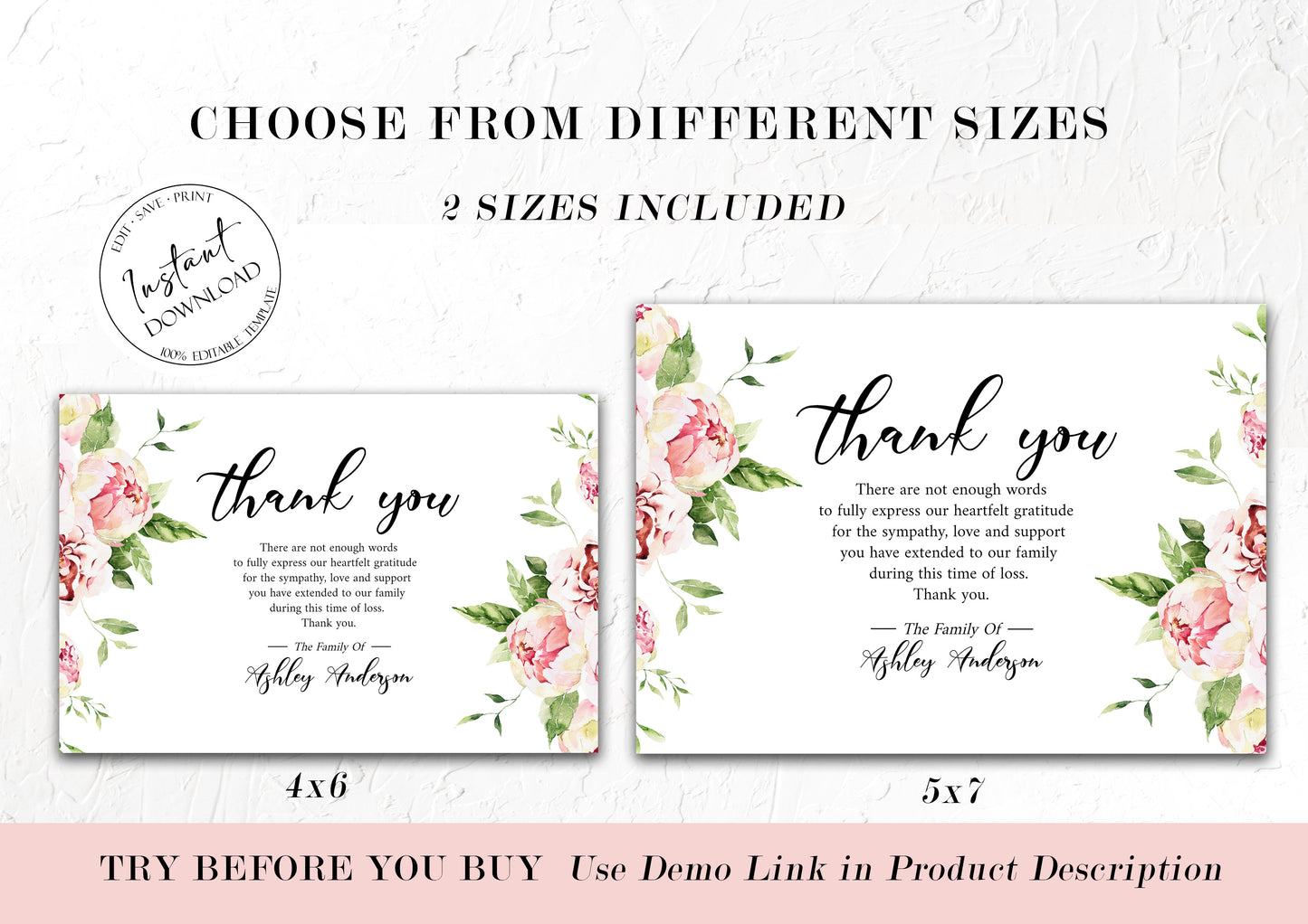 Celebration of life Blush Pink Peony Greenery Funeral Thank You Card Template Memorial Card, Printable Thank You Card Template, Editable Sympathy Card P5