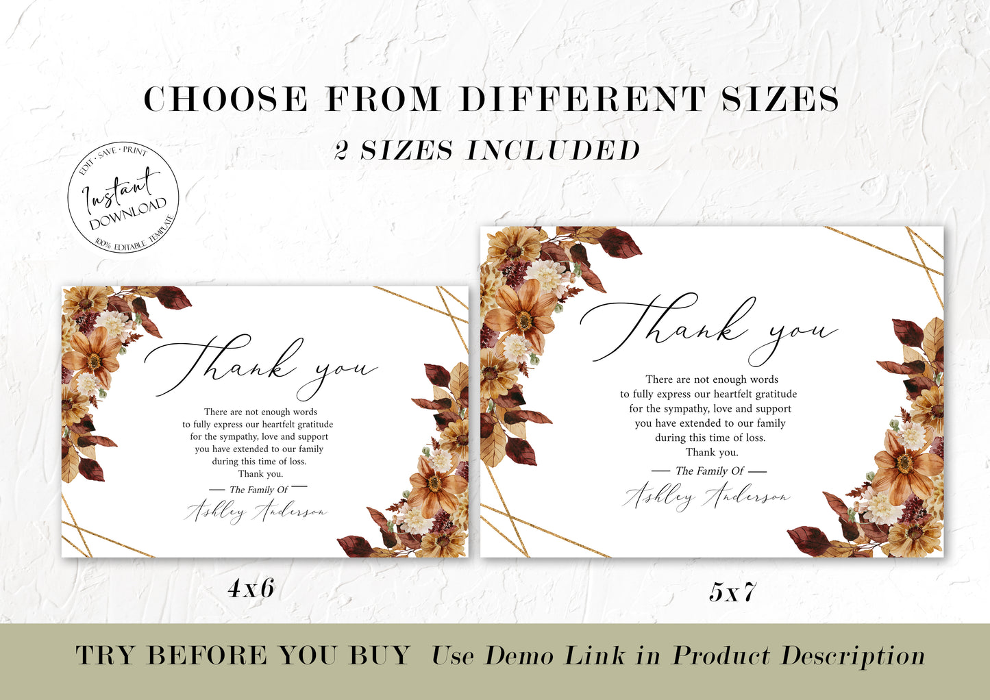 Celebration of life Orange Brown Dried Leaves Fall Funeral Thank You Card Template, Printable Memorial Thank You Card, Autumn Memorial Sympathy Thank you Cards, F3
