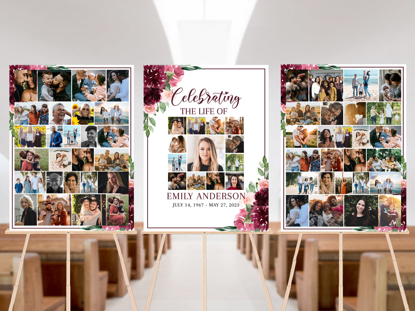 Celebration Of Life Burgundy Red Roses Photo Collage Funeral Welcome Sign Set Templates, Memorial Sign, Burgundy Red Roses Funeral Poster Photo Display Set