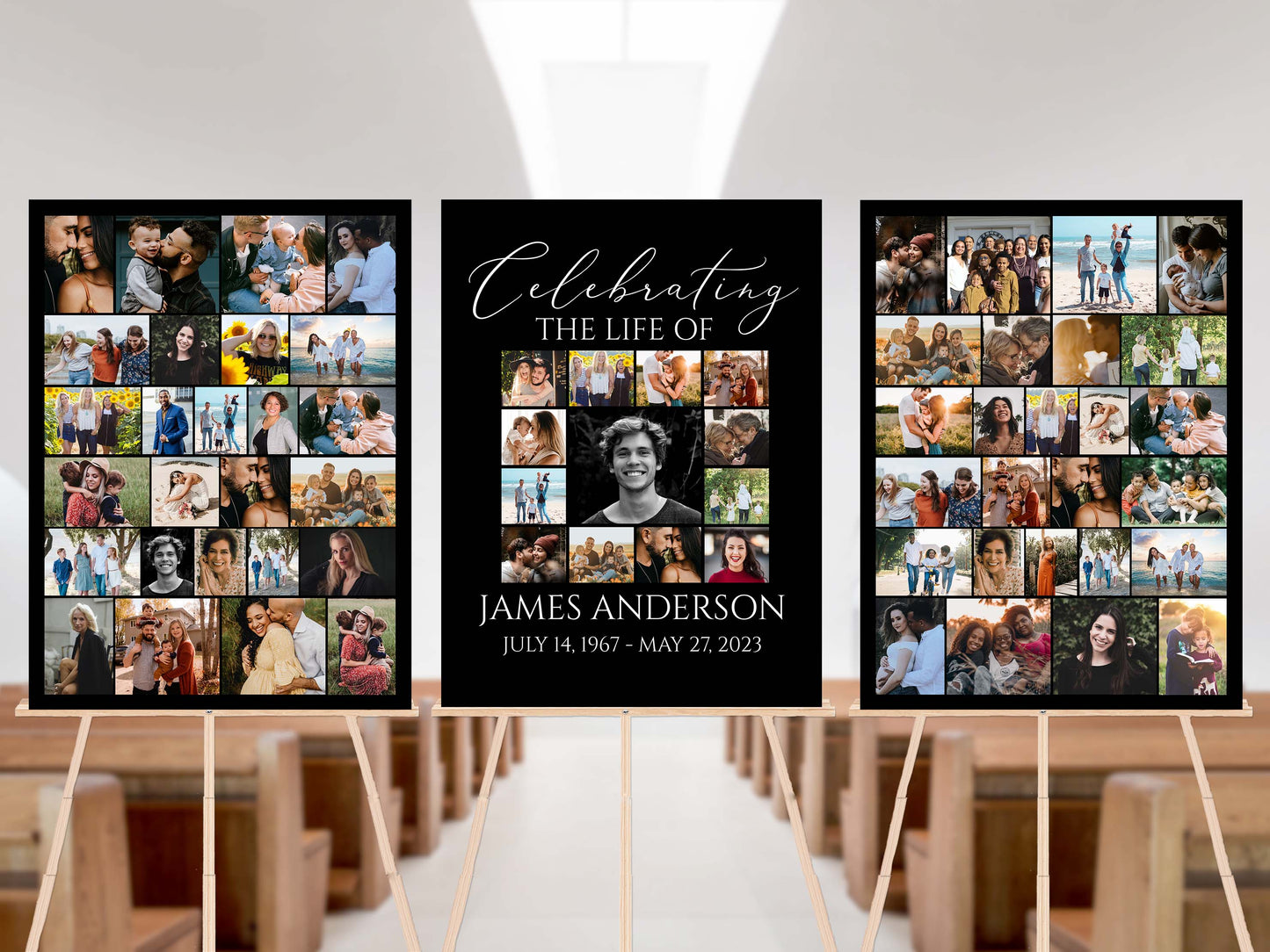 Celebration Of Life Minimalist Elegant Black Photo Collage Funeral Welcome Sign Set Templates, Black Photo Memorial Sign Funeral Poster Photo Display Set