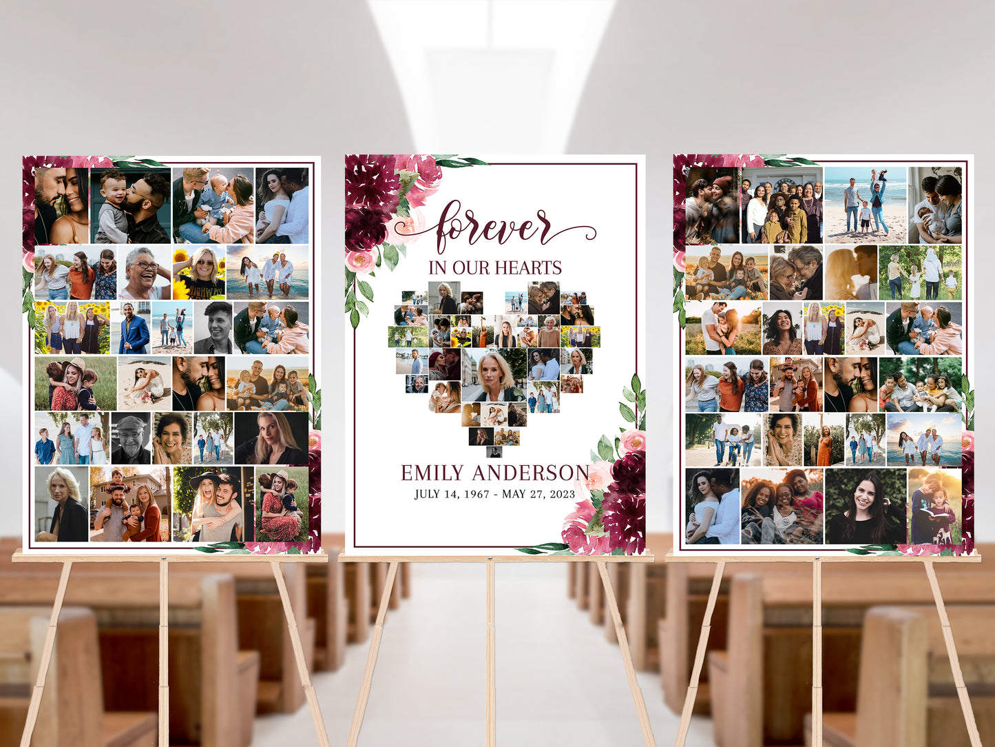 Forever in our Hearts Burgundy Red Roses Heart Funeral Welcome Sign Templates Burgundy Red Roses Forever in our Hearts Memorial Photo Display Set R3