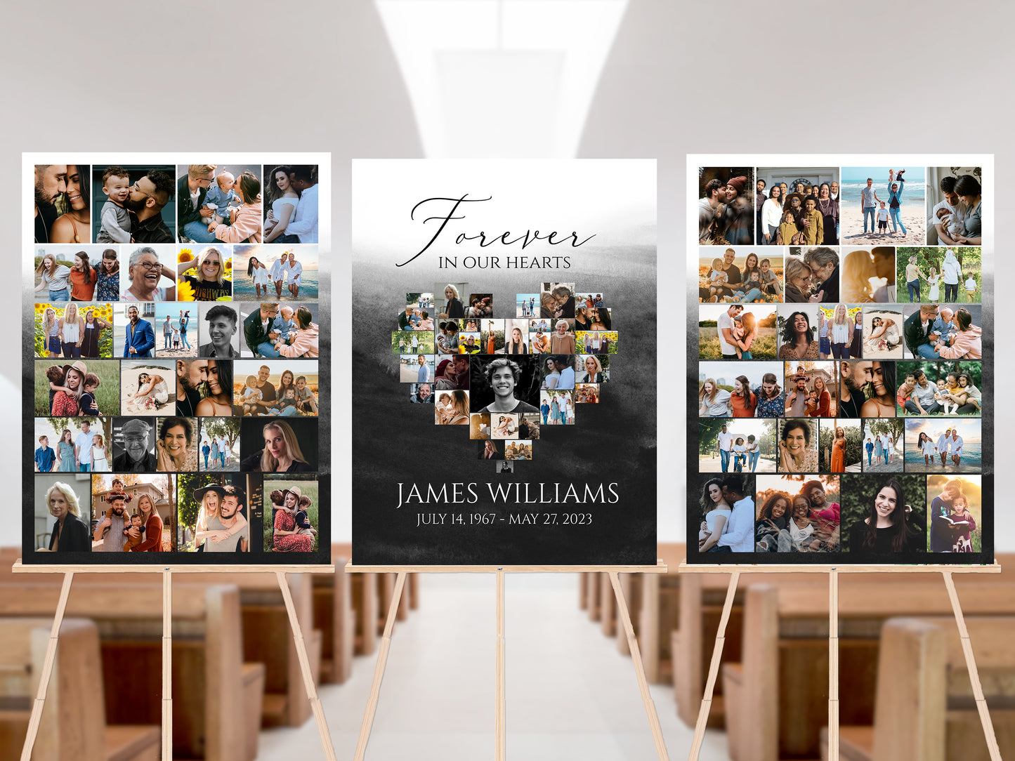Forever in our Hearts Black Watercolor Heart Photo Collage Funeral Welcome Sign Set Template, Forever in our Hearts Memorial Photo Display Set B6