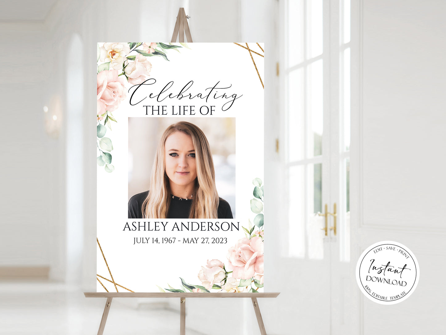 Celebration Of Life Blush Pink Roses Funeral Welcome Sign, In Loving Memory Welcome Sign, Memorial Sign, Editable Funeral Welcome Sign P4
