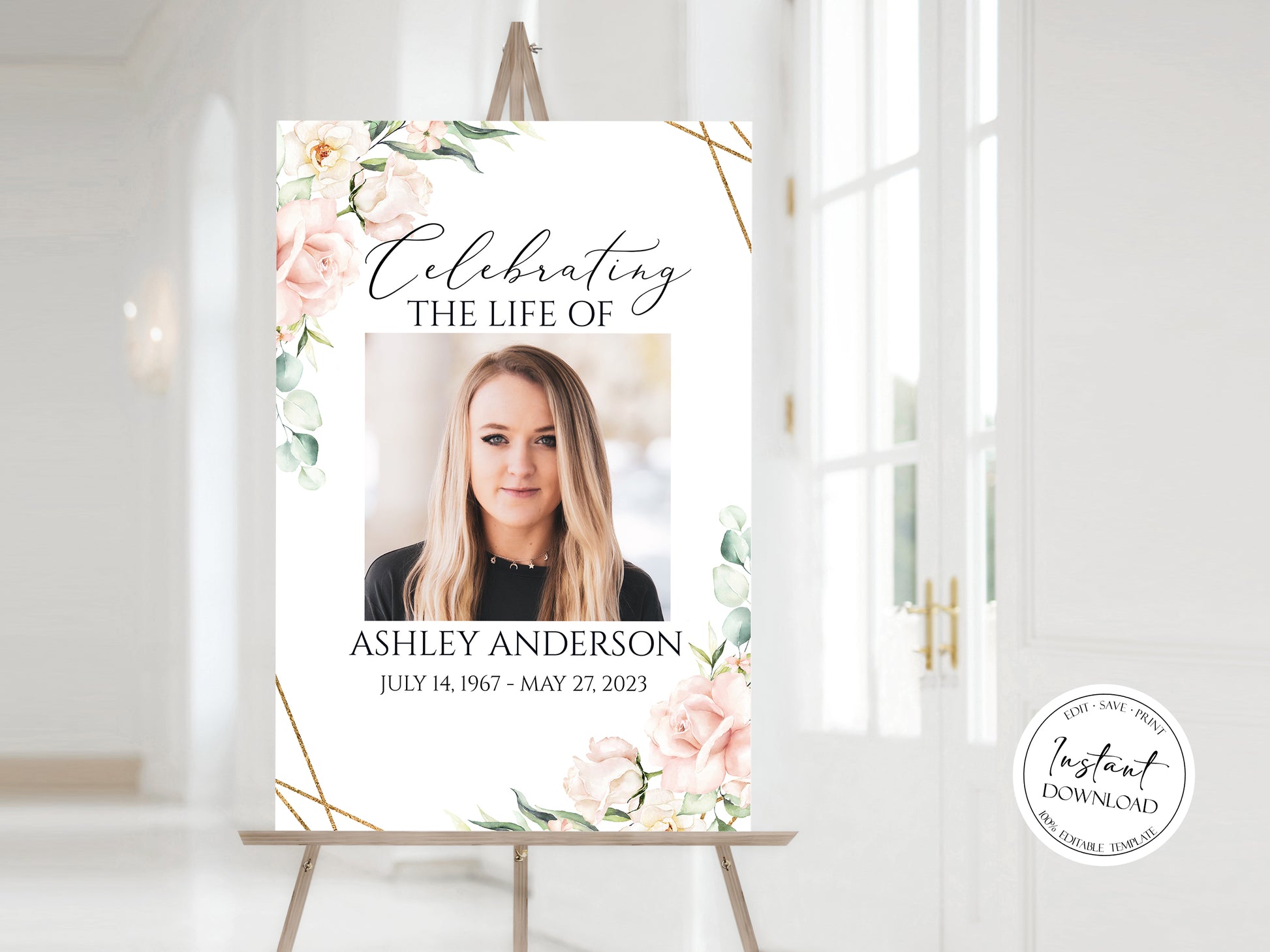 Celebration Of Life Blush Pink Roses Funeral Welcome Sign, In Loving Memory Welcome Sign, Memorial Sign, Editable Funeral Welcome Sign P4