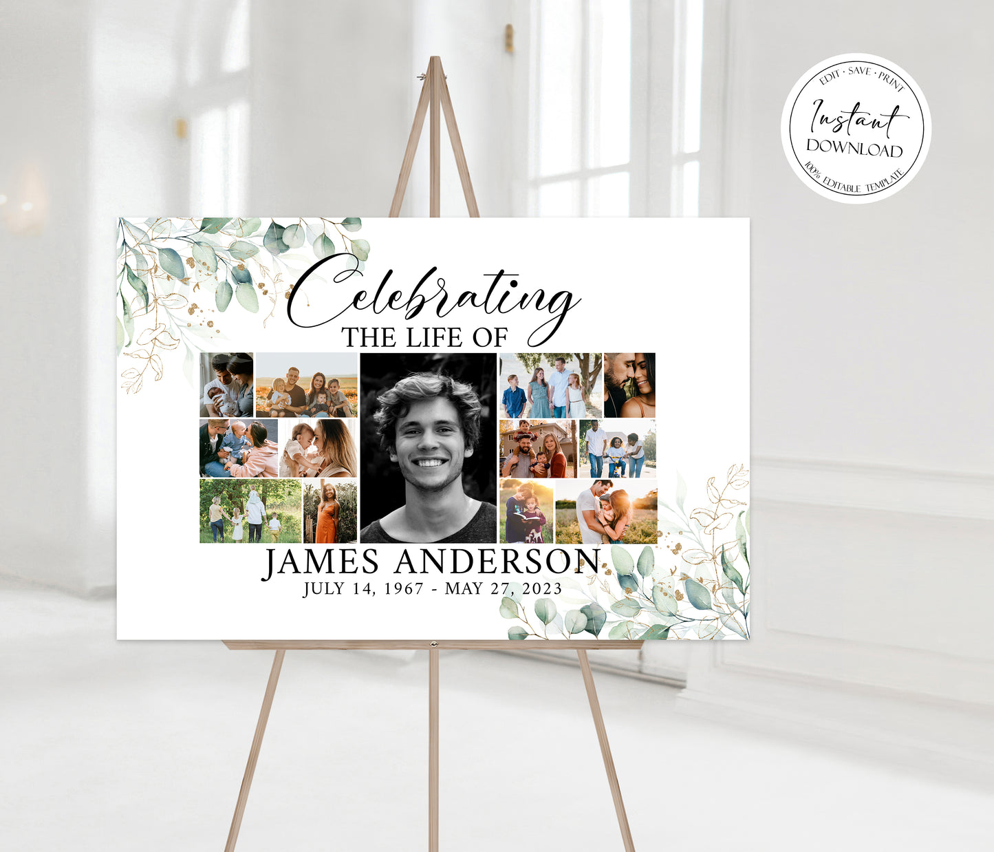 Celebration Of Life Watercolor Greenery Photo Collage Funeral Welcome Sign Template G1