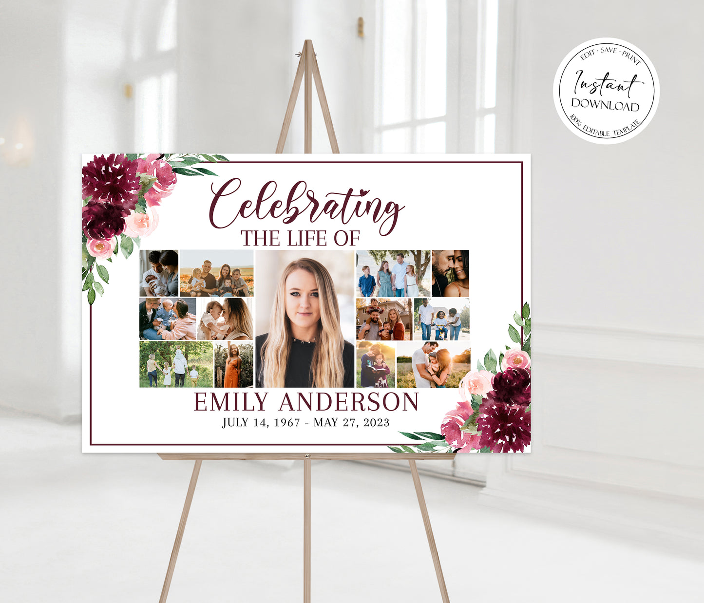 Celebration Of Life Red Photo Collage Funeral Welcome Sign, Red Roses Photo Collage Funeral Poster, Burgundy Photo Collage Memorial Sign R3