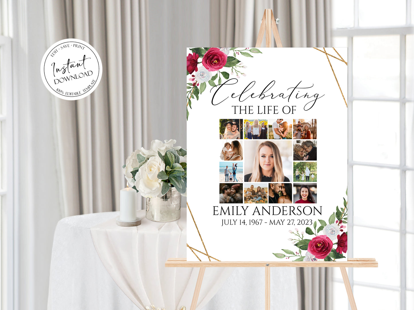 Celebration Of Life White Pink Roses Photo Collage Funeral Welcome Sign Template Multiple Photos Funeral Poster, Editable White Pink Roses Photo Collage Memorial Sign