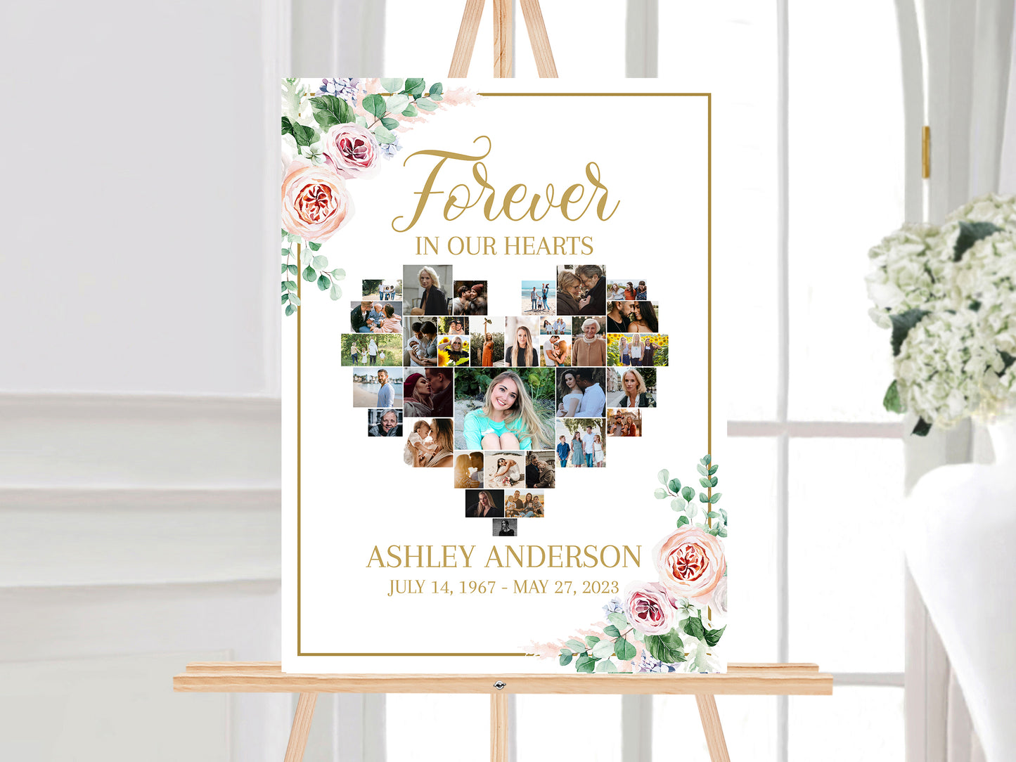 Celebration Of Life Heart Funeral Welcome Sign Editable Pink Heart Funeral Photo Collage Poster Heart Memorial Sign Forever in our Hearts F1