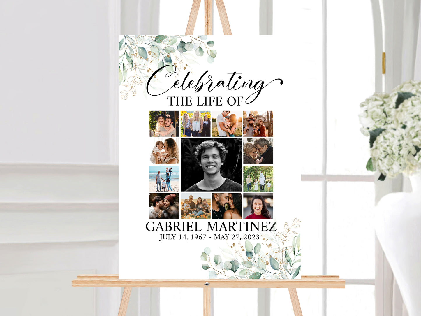 Celebration Of Life Watercolor Greenery Gold Photo Collage Funeral Welcome Sign Template, Greenery Photo Collage Funeral Poster, Photo Collage Memorial Sign G1