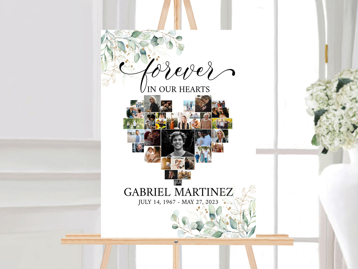 Celebration Of Life Forever in our Hearts Watercolor Greenery Gold Heart Photo Collage Funeral Welcome Sign Template, Editable Greenery Heart Funeral Photo Collage Poster, Memorial Sign G1
