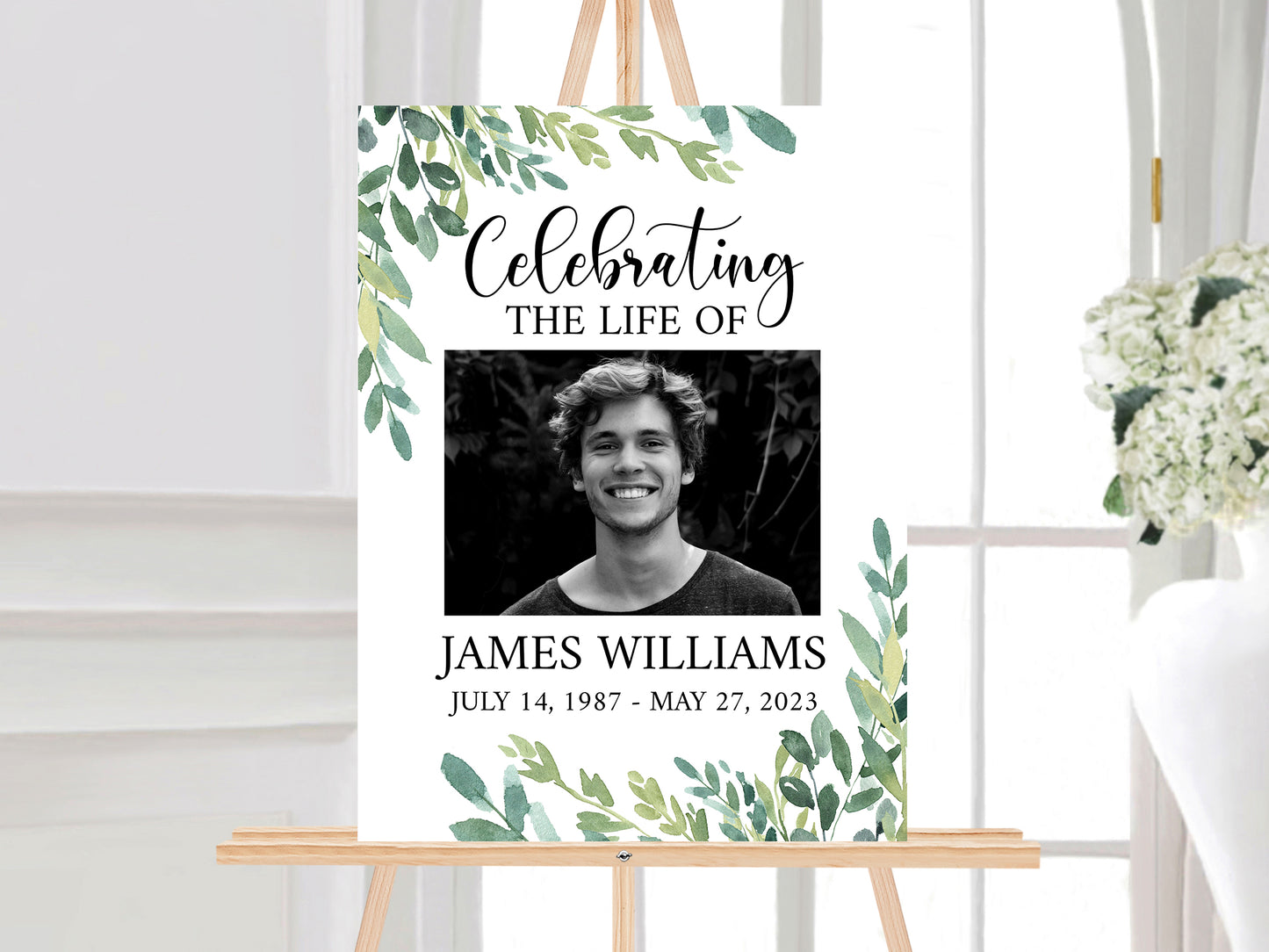 Celebration Of Life Watercolor Greenery Funeral Poster, Editable 5 Photo Collage Funeral Welcome Signs, Greenery Memorial Sign Funeral Poster Photo Display Set of 5