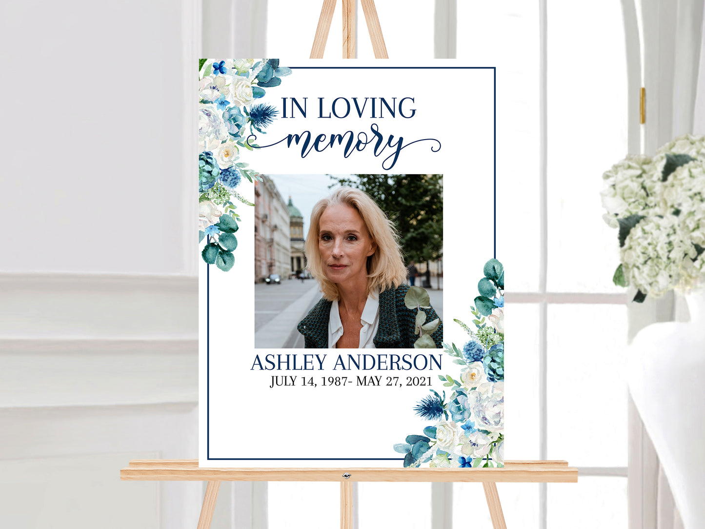 In Loving Memory Blue White Floral Funeral Welcome Sign Template Celebration Of Life Poster, Blue Funeral Poster Template, Memorial Sign, Editable Funeral Sign B1