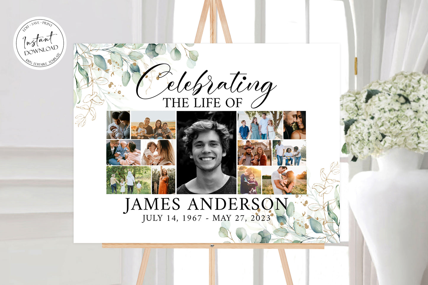 Celebration Of Life Watercolor Greenery Photo Collage Funeral Welcome Sign Template G1