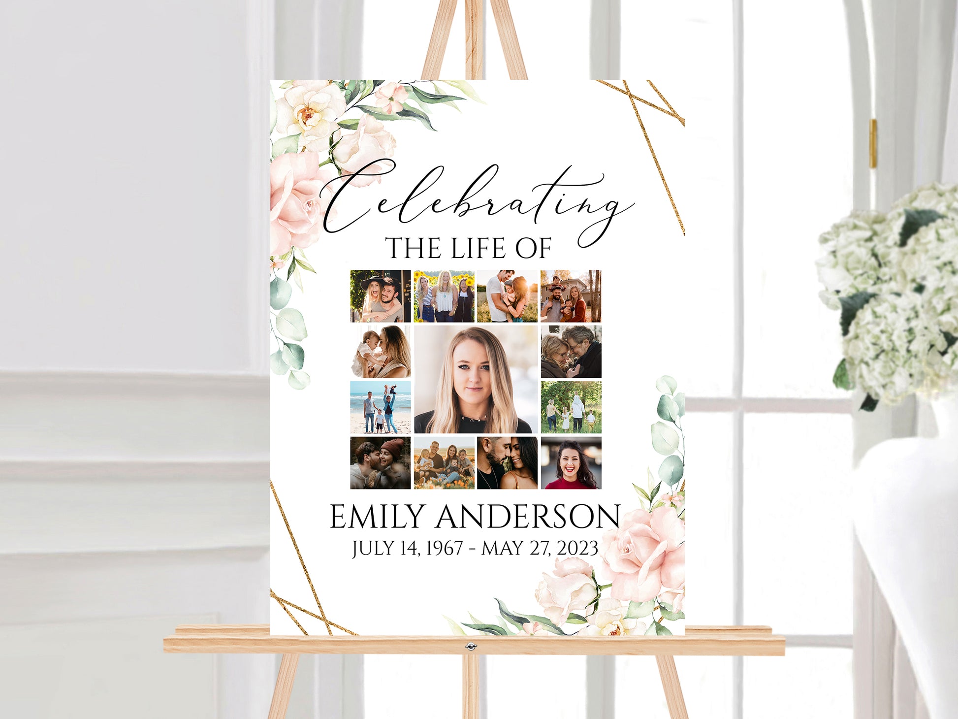 Celebration Of Life Funeral Poster, Blush Pink Roses Collage Funeral Welcome Sign, Photo Memorial Sign, Blush Pink Roses Funeral Photo Display Set P4