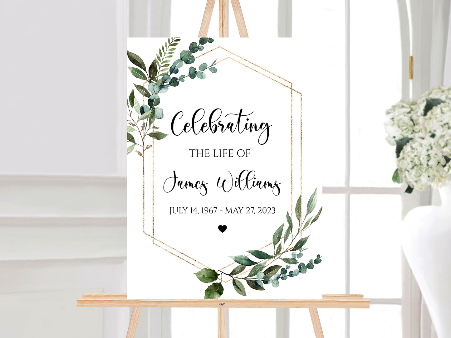 Celebration Of Life Watercolor Greenery Gold Funeral Welcome Sign Template, Memorial Welcome Poster, Obituary Memorial Sign, Greenery Funeral Welcome Sign Q1