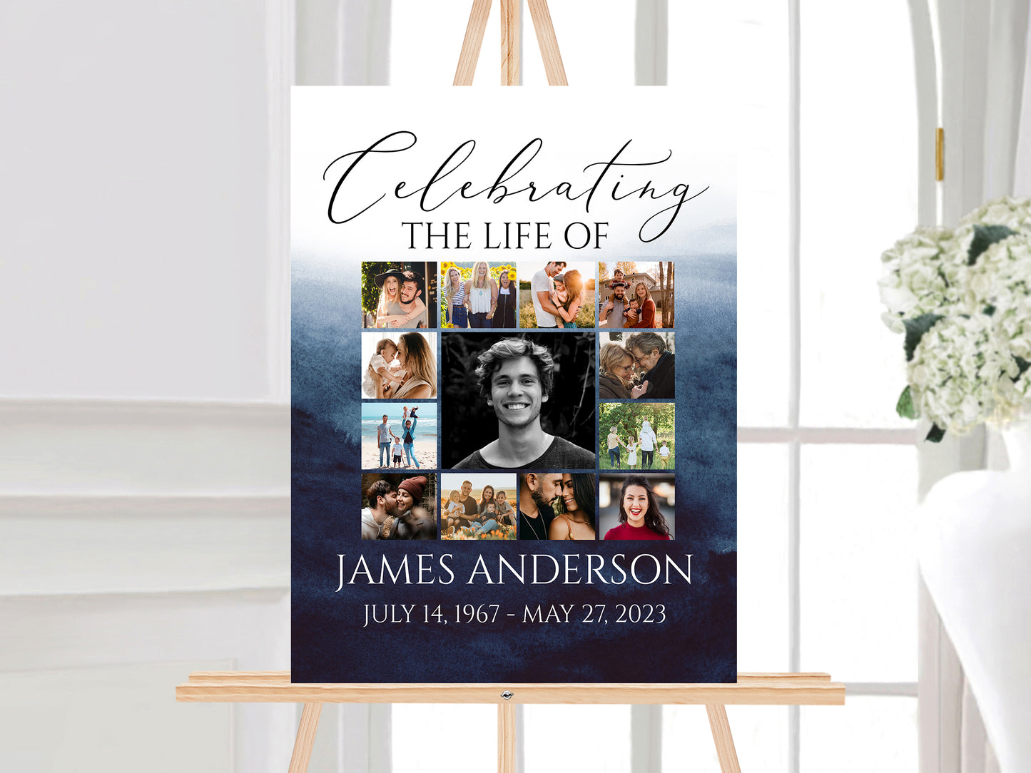 Celebration Of Life Blue Watercolor Funeral Poster, Editable 5 Photo Collage Funeral Welcome Signs, Blue Watercolor Memorial Sign Funeral Poster Photo Display Set of 5