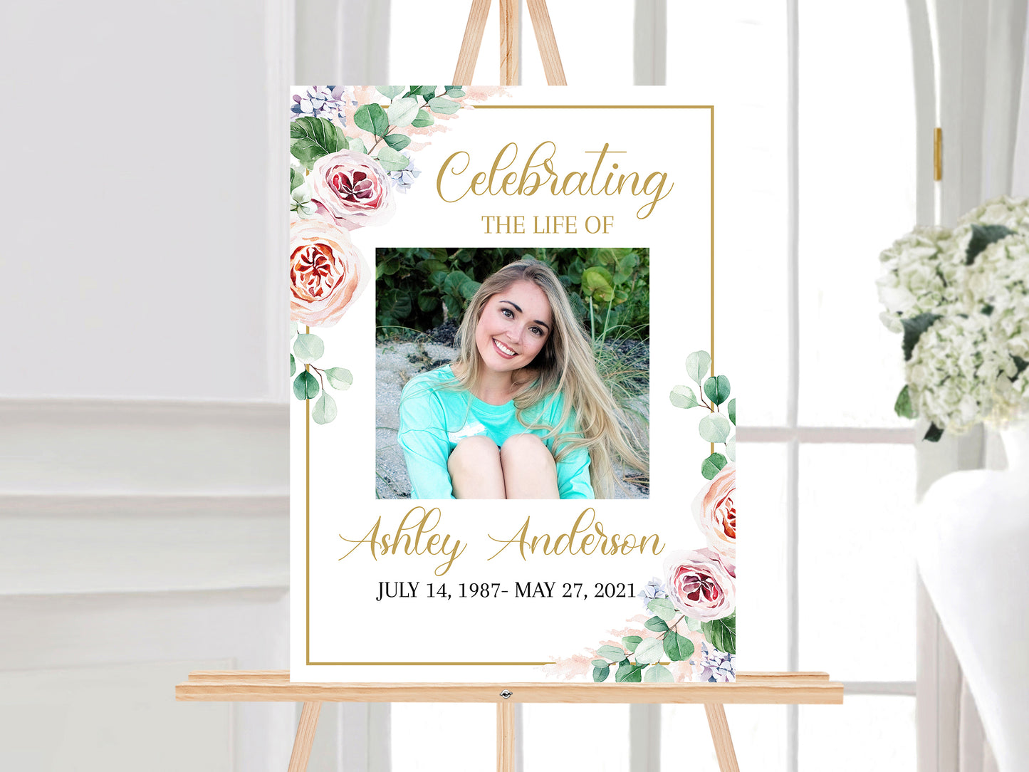 Celebration Of Life Blush Pink Roses Greenery Funeral Welcome Sign Template F1