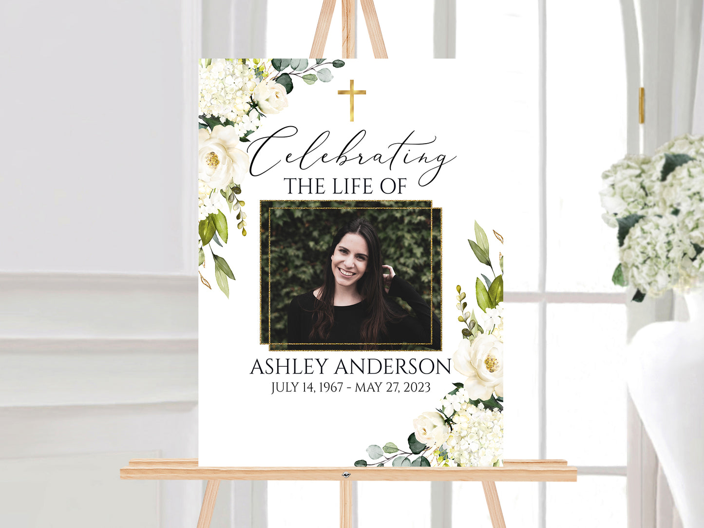 Celebration Of Life White Greenery Floral Gold Cross 5 Photo Collage Funeral Welcome Sign Set Templates, White Greenery Floral Gold Cross Photo Memorial Sign, Funeral Photo Display Set