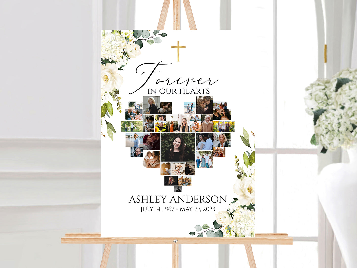 Forever in our Hearts White Greenery Floral Gold Cross Gold Heart Photo Collage 5 Funeral Welcome Sign Templates, Greenery Heart Photo Collage 5 Funeral Welcome Sign Templates