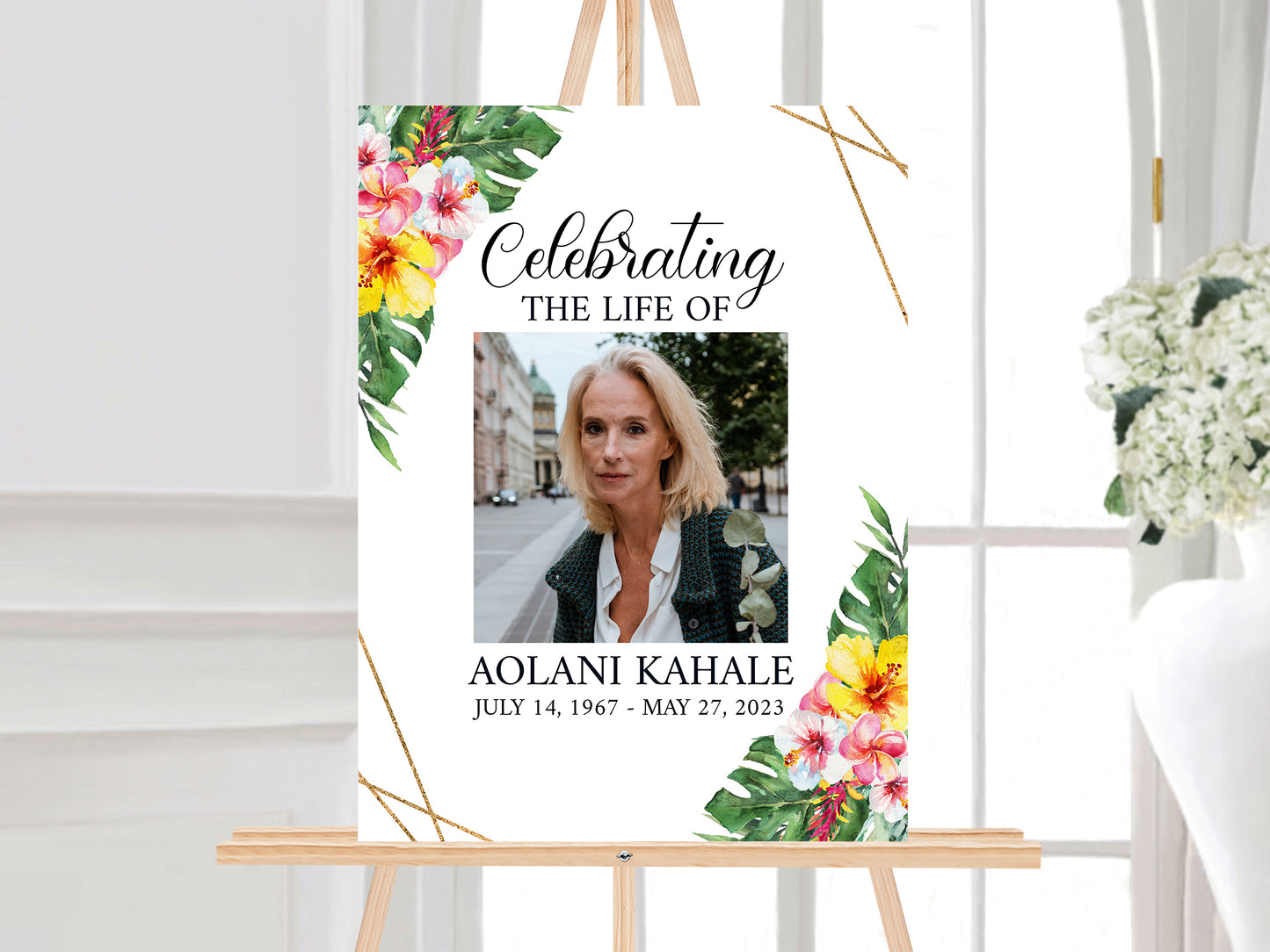 Celebration Of Life Tropical Hawaiian Plumeria 5 Photo Collage Funeral Welcome Sign Set Template, Hawaiian Memorial Sign Funeral Poster Photo Display Set of 5