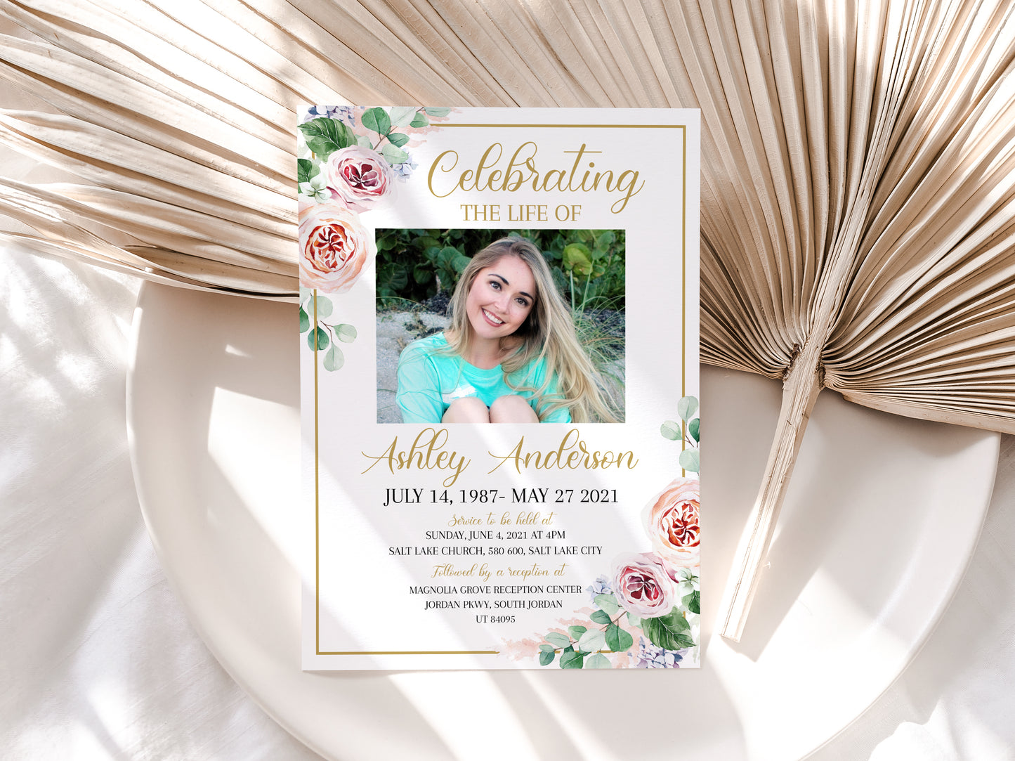 Celebration of life Funeral Invitation, Floral Funeral Invite, Pink Roses Funeral Announcement Funeral Card Printable Memorial Invitation F1