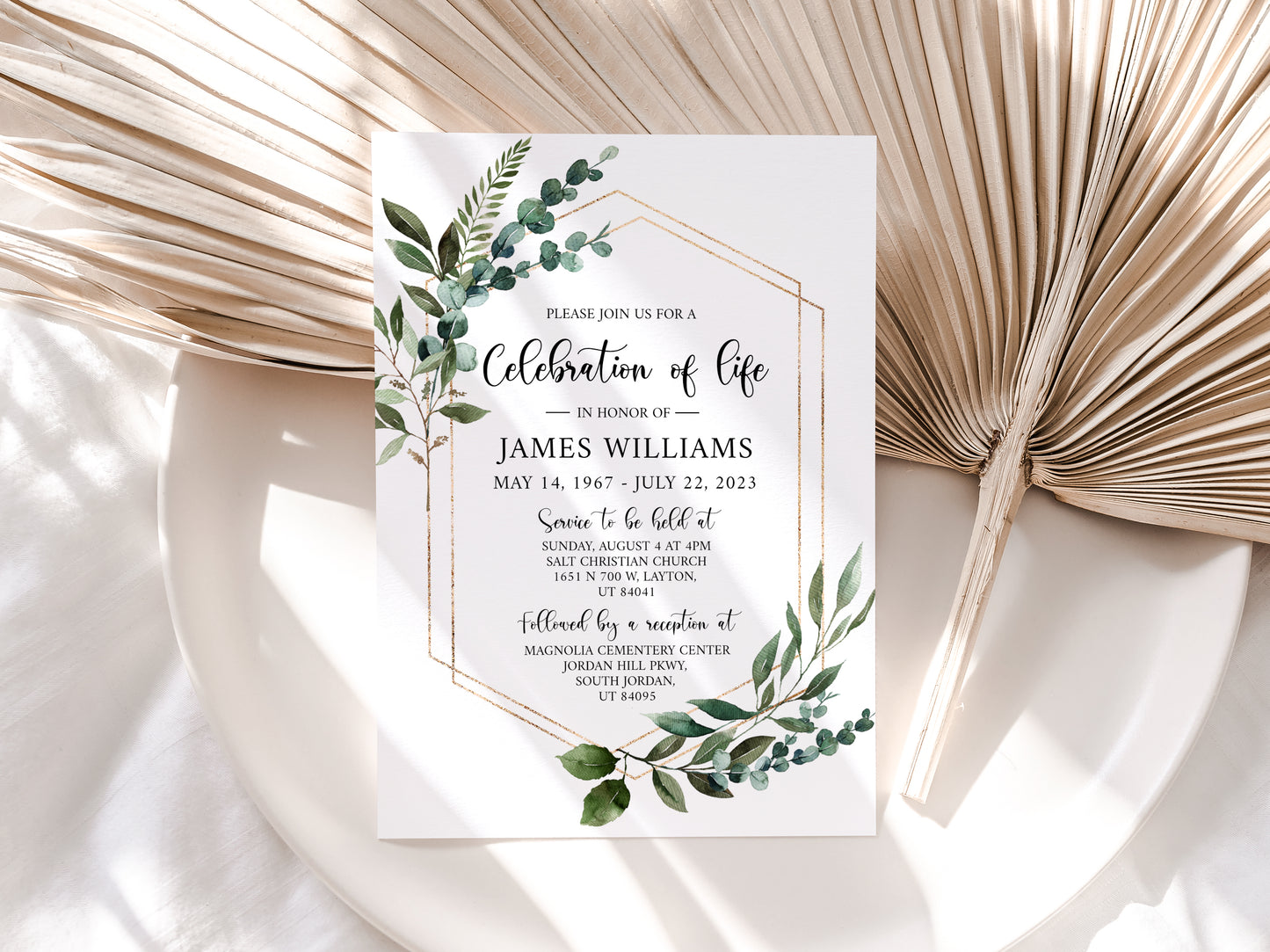 Celebration of life Watercolor Greenery Gold Funeral Invitation Template, Funeral Announcement Funeral Card Template, Memorial Service Invitation Q1
