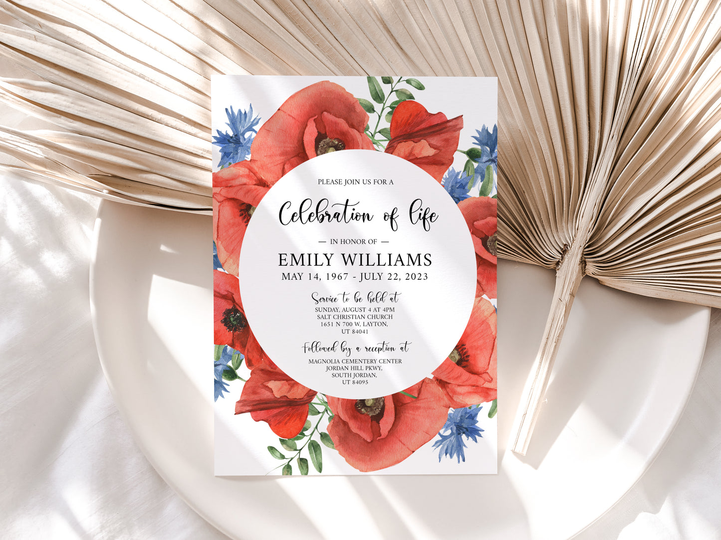Celebration of life Red Poppies Greenery Funeral Invitation Template, Red Poppies Funeral Invite, Red Poppies Funeral Announcement, Funeral Card Template, Red Poppies Floral Memorial Service Invitation
