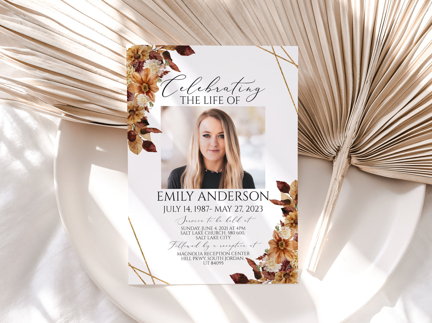 Celebration of life Orange Brown Dried Leaves Fall Funeral Invitation Template, Autumn Funeral Announcement, Funeral Card Template Printable Memorial Service Invite F3