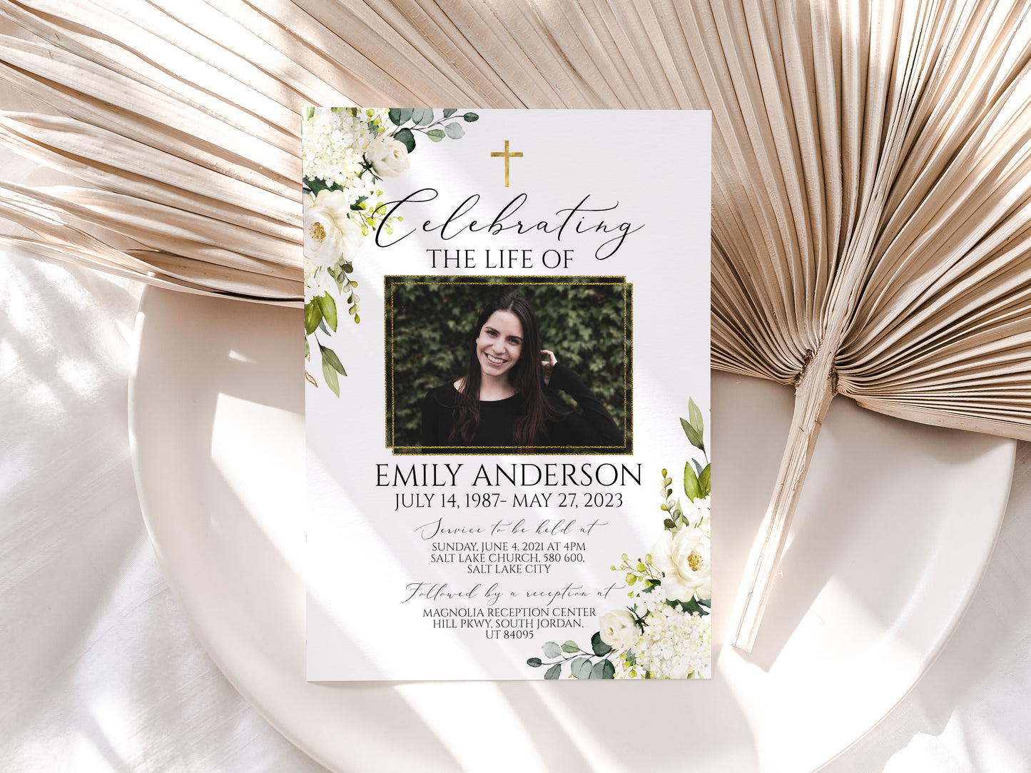 Celebration of life White Greenery Floral Gold Cross Funeral Invitation Template, Funeral Announcement, Printable White Greenery Floral Gold Cross Memorial Service Invitation