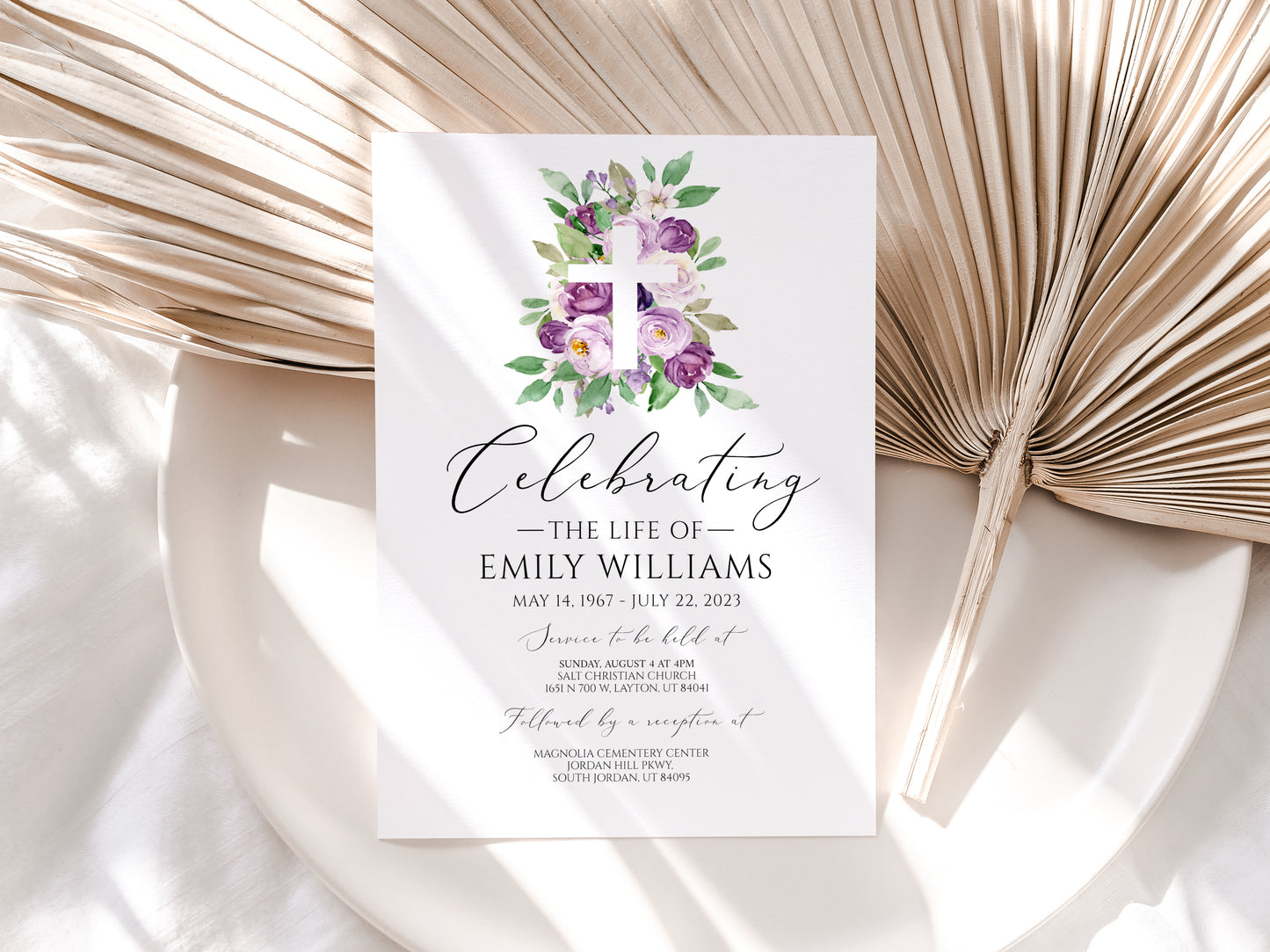 Celebration of life Invitation, Purple Flower Cross Funeral Invitation, Purple Funeral Announcement Card Template Memorial Service Invite P1