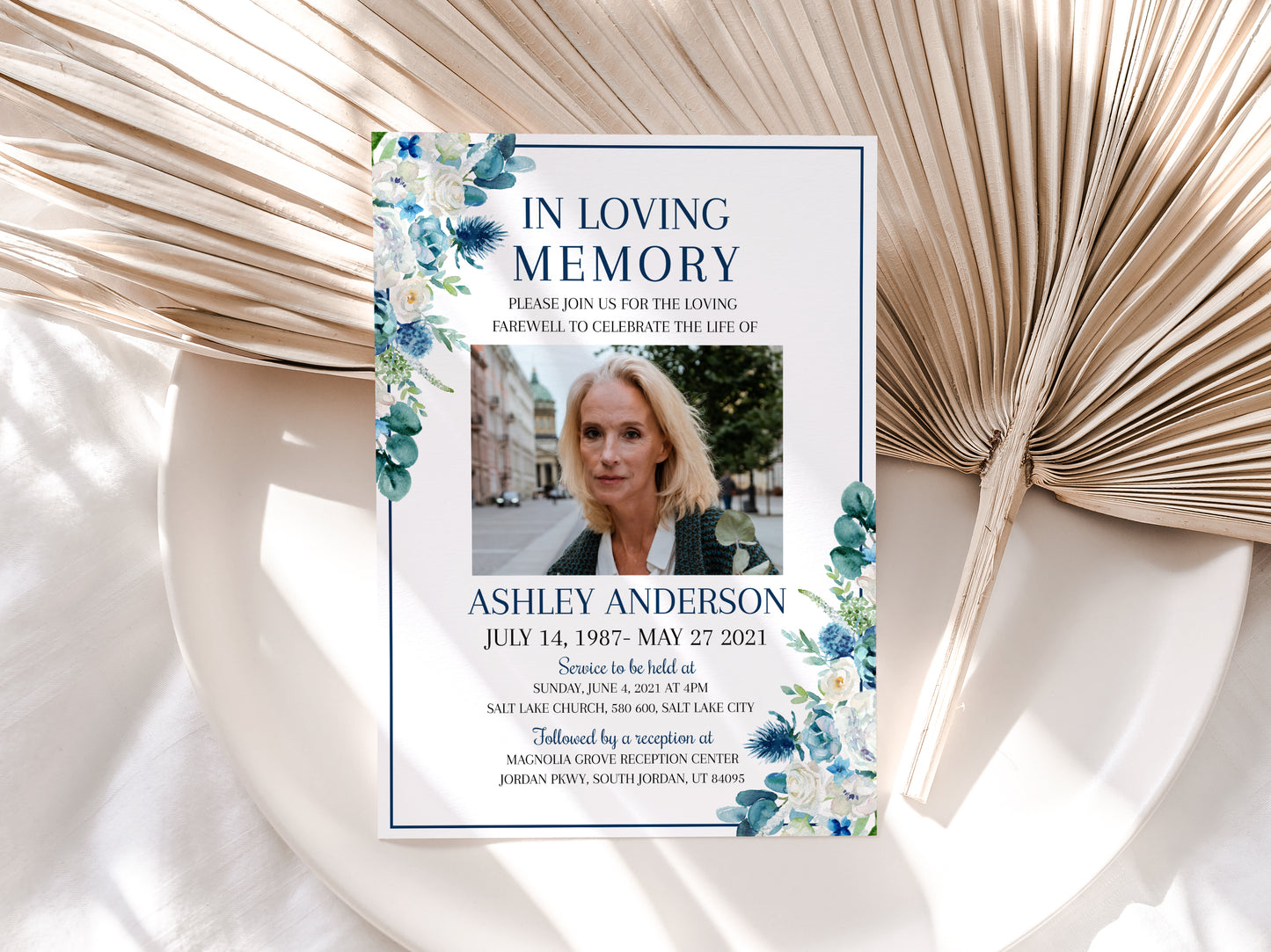 In Loving Memory Blue White Floral Funeral Invitation Template Blue Floral Funeral Announcement, Blue Funeral Card Template, Printable Memorial Service B1