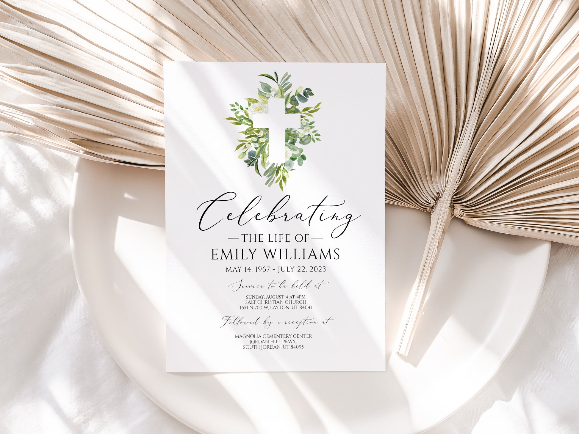 Celebration of life Watercolor Greenery Cross Funeral Invitation Template, Greenery Cross Funeral Invitation, Watercolor Greenery Cross Funeral Announcement Card