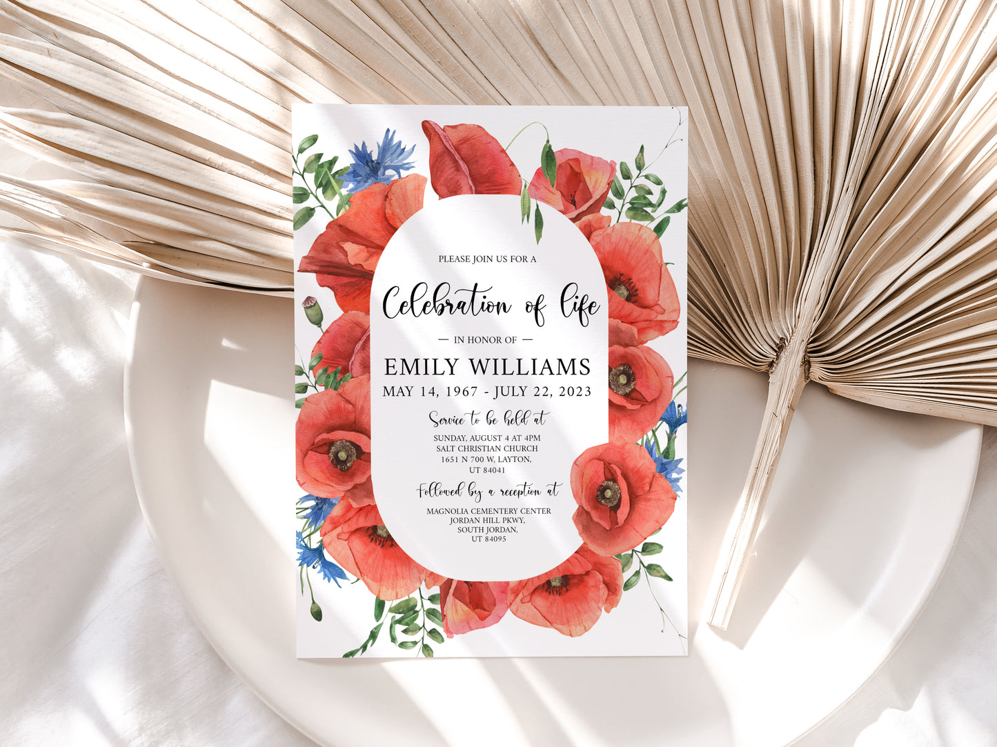 Celebration of life Red Poppies Greenery Funeral Invitation Template, Red Poppies Funeral Invite, Red Poppies Funeral Announcement, Funeral Card Template, Red Poppies Floral Memorial Service Invitation