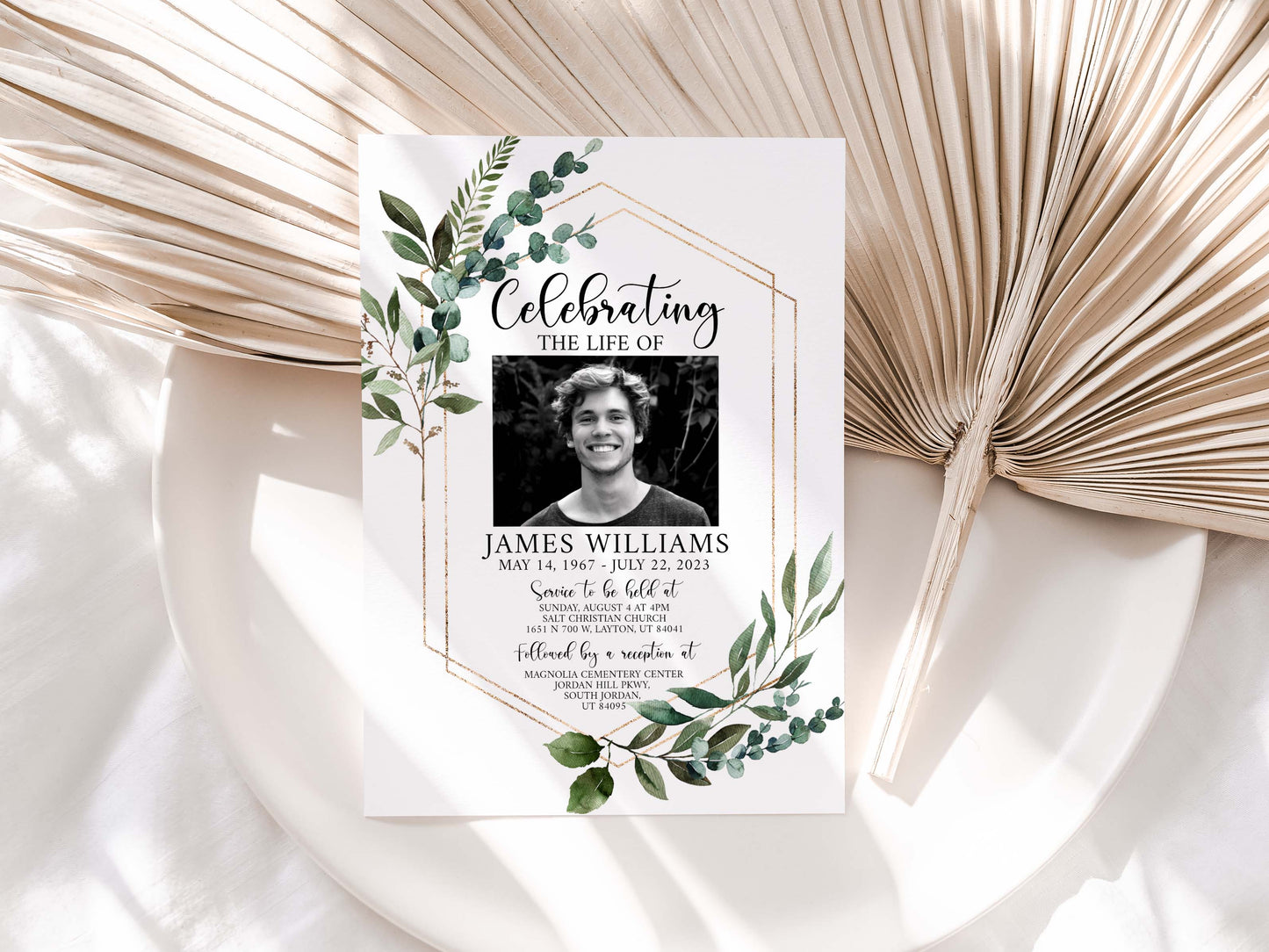 Celebration of life Watercolor Greenery Gold Funeral Invitation Template, Funeral Announcement Funeral Card Template, Memorial Service Invitation Q1