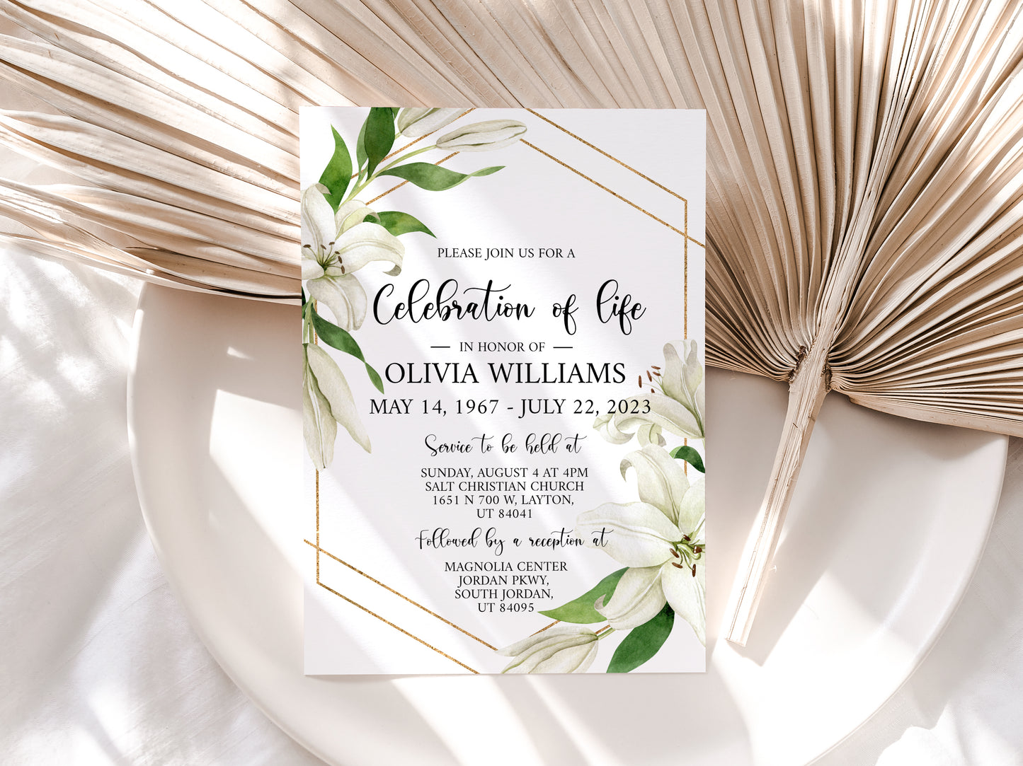 Celebration of life White Lilies Greenery Gold Funeral Invitation Template, White Lilies Funeral Announcement, Funeral Card Template, White Lilies Memorial Service Invitation