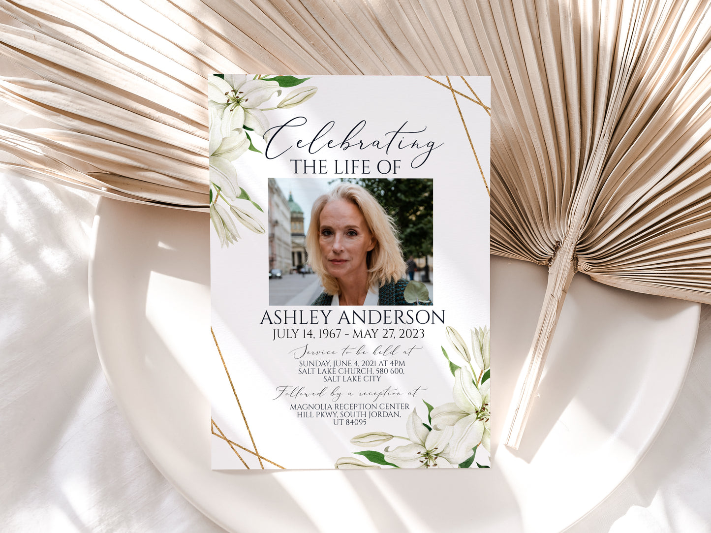 Celebration of life White Lilies Greenery Gold Funeral Invitation Template, White Lilies Funeral Announcement, Funeral Card Template, White Lilies Memorial Service Invitation