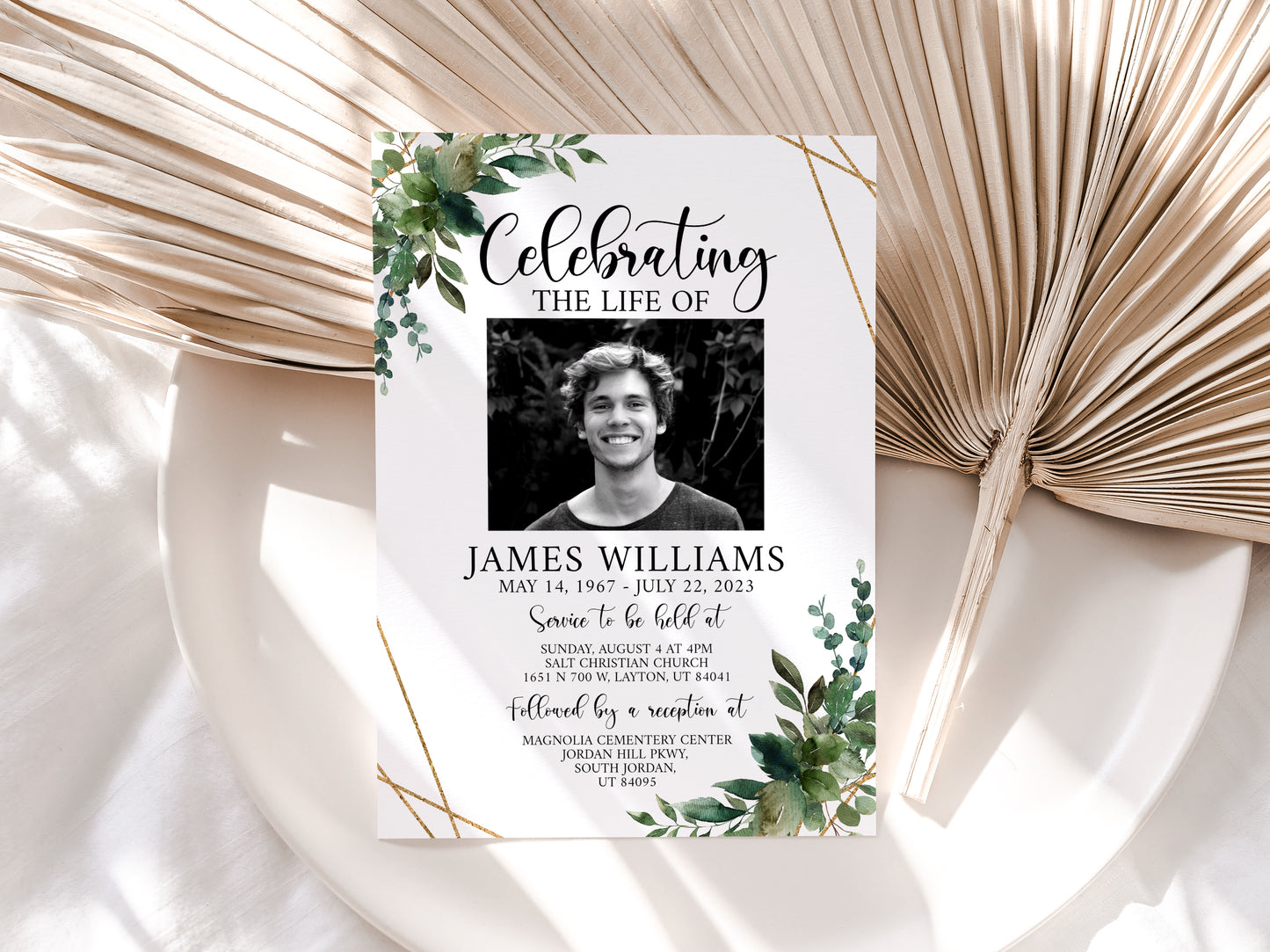 Celebration of life Watercolor Greenery Gold Funeral Invitation Template, Funeral Announcement, Funeral Cards Template, Printable Greenery Memorial Invitation Q1