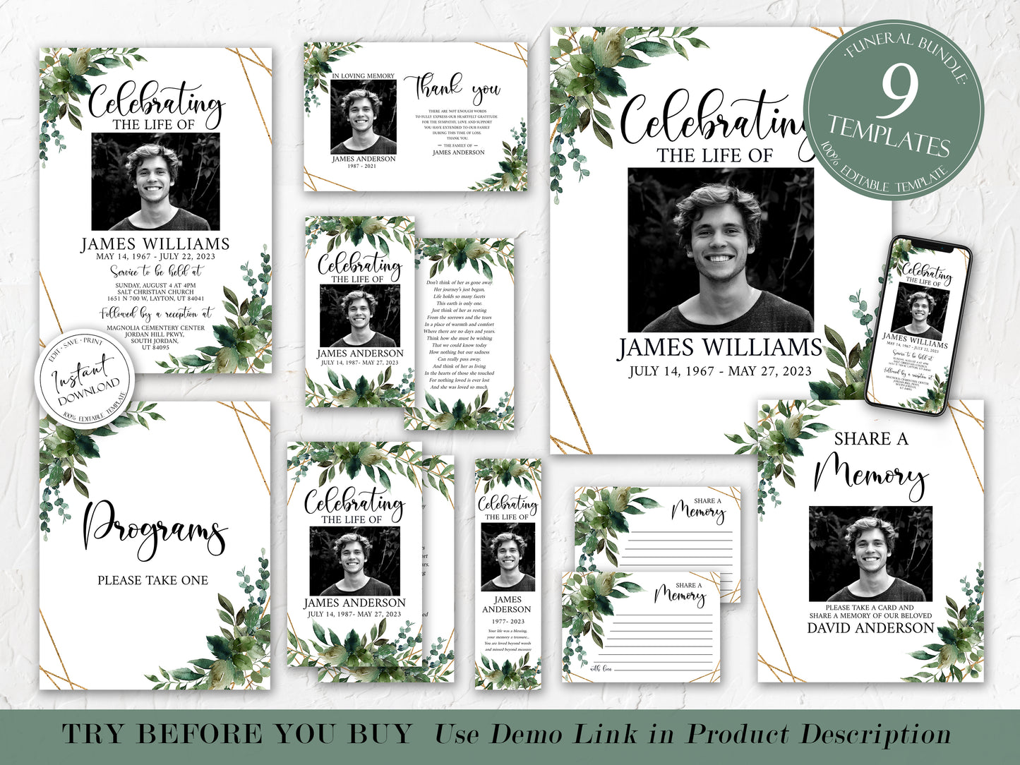 Celebration of Life Watercolor Greenery Gold Funeral Bundle, Memorial Package, Celebration of Life Templates, In Loving Memory Suite Greenery Funeral Bundle Q1