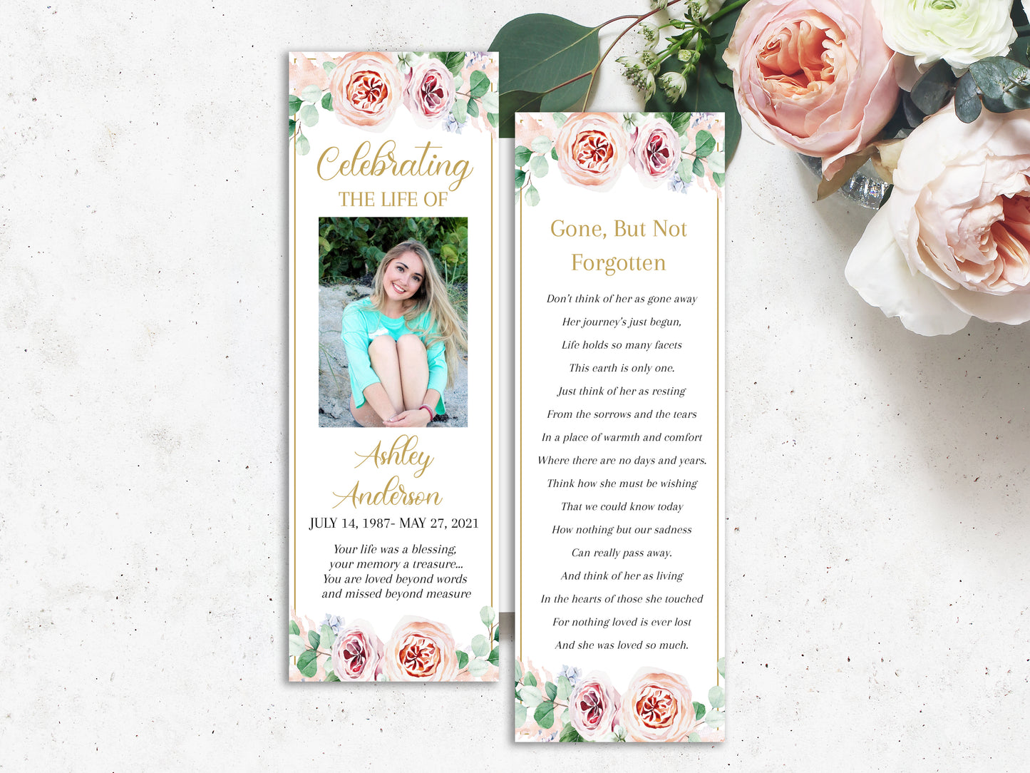 Blush Pink Roses Greenery Funeral Bookmark Template, Celebration of Life Bookmark, Funeral Keepsake Cards, Floral Pink Roses Greenery Memorial Bookmark, Obituary Bookmark F1