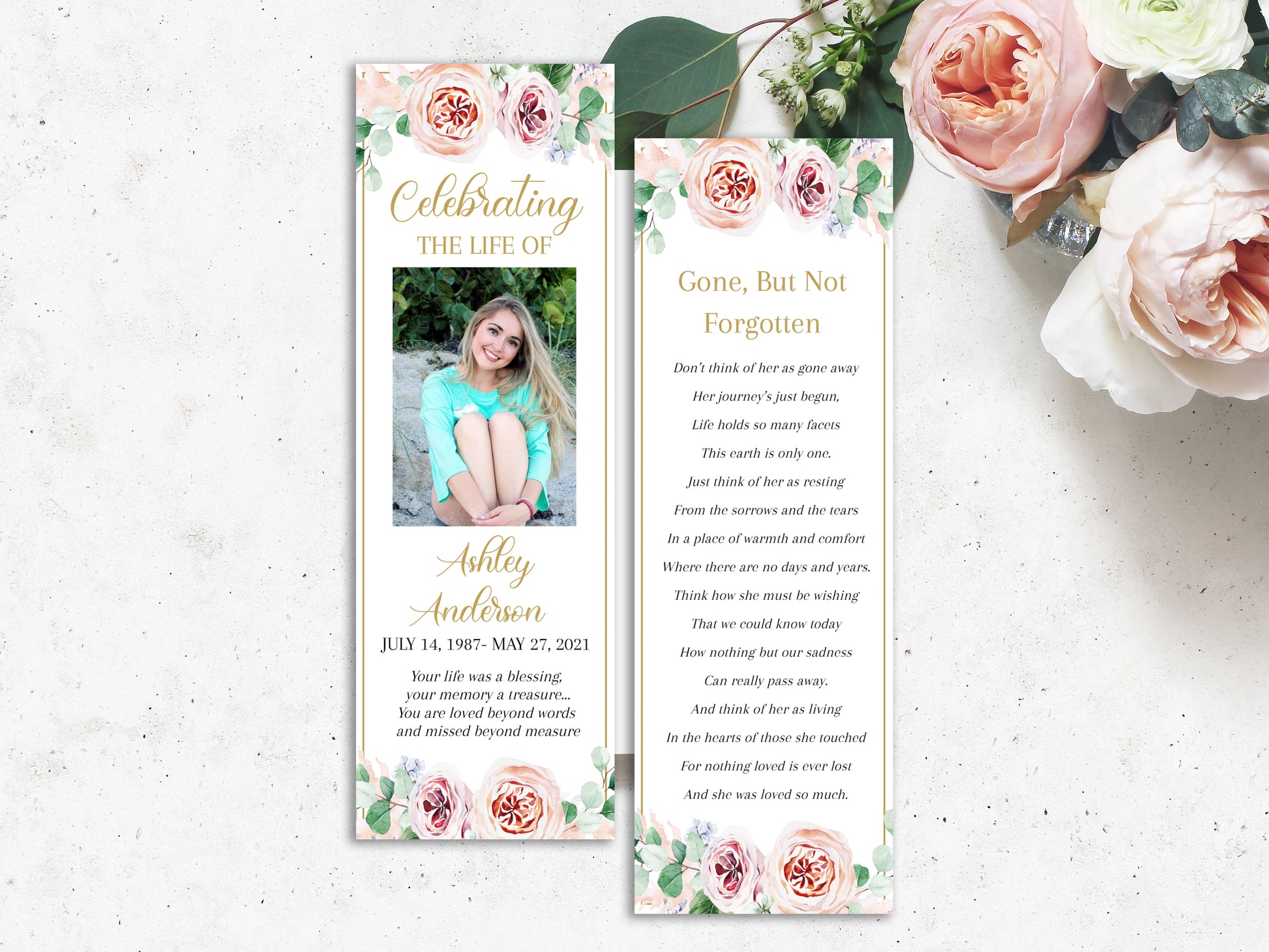 Blush Pink Roses Greenery Funeral Bookmark Template, Celebration of Life Bookmark, Funeral Keepsake Cards, Floral Pink Roses Greenery Memorial Bookmark, Obituary Bookmark F1
