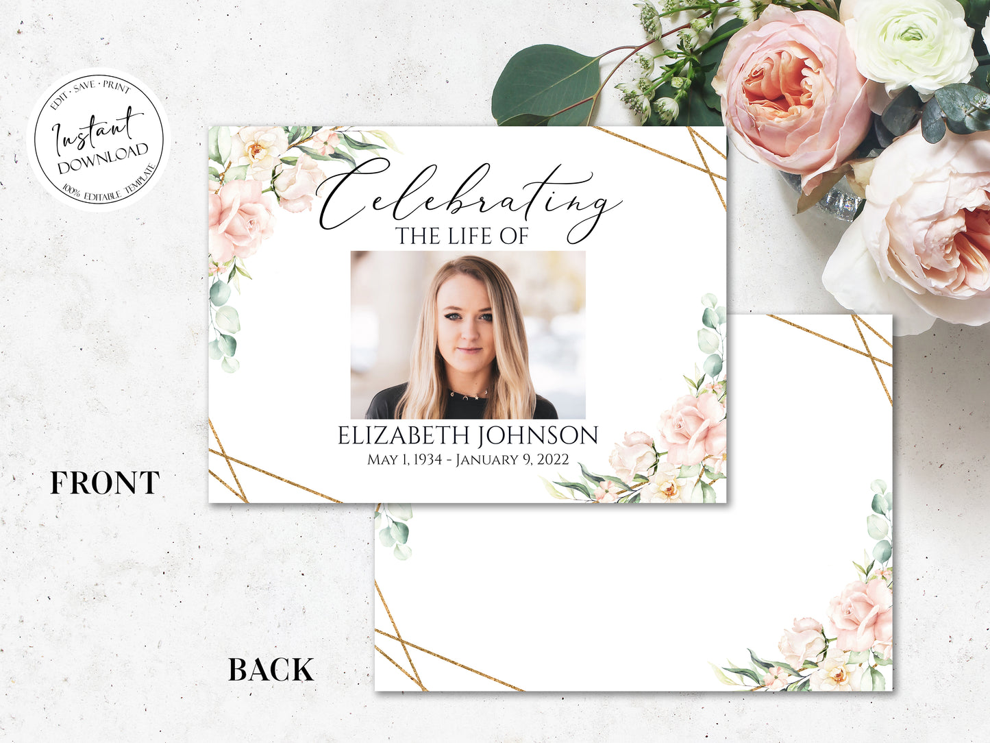 Celebration of life Blush Pink Funeral Guest Book Template, Printable Watercolor Roses Remembrance Memorial Guest Book Condolence Book P4