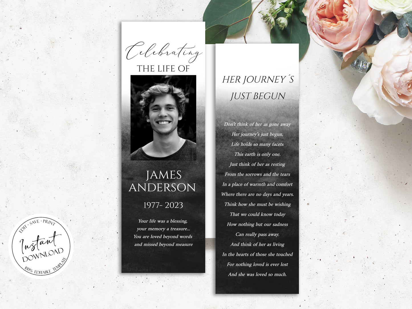 Celebration of Life Black Watercolor Funeral Bookmark Template, Funeral Keepsake Cards, Black Watercolor Memorial Bookmark, Obituary Bookmark